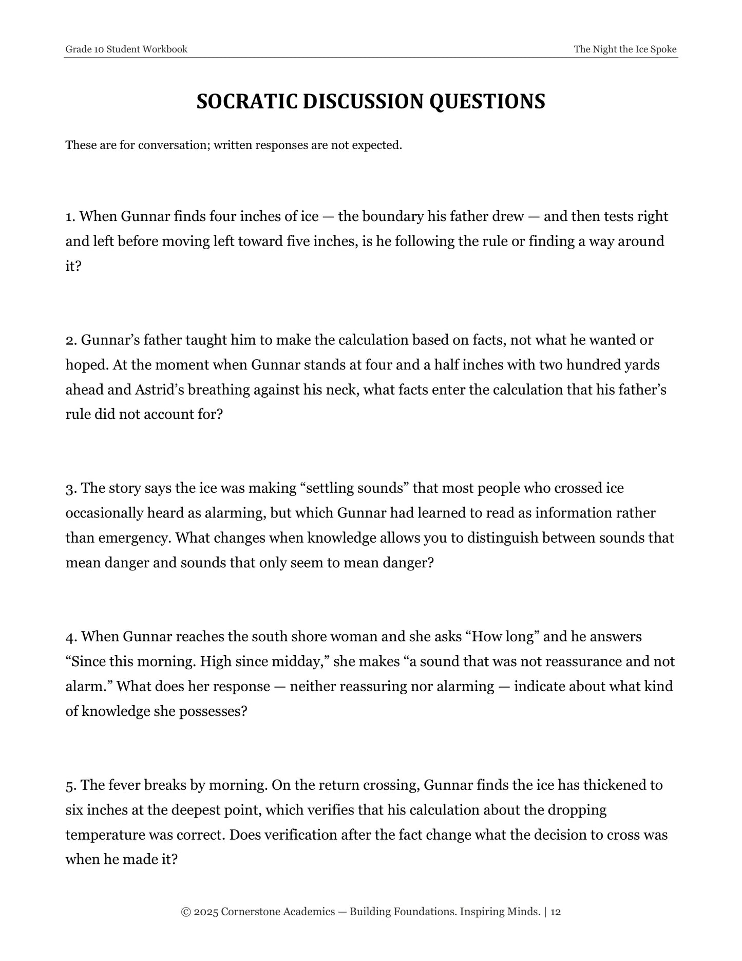 The Night the Ice Spoke | Grade 10 Classical Literature Packet | Cornerstone Academics