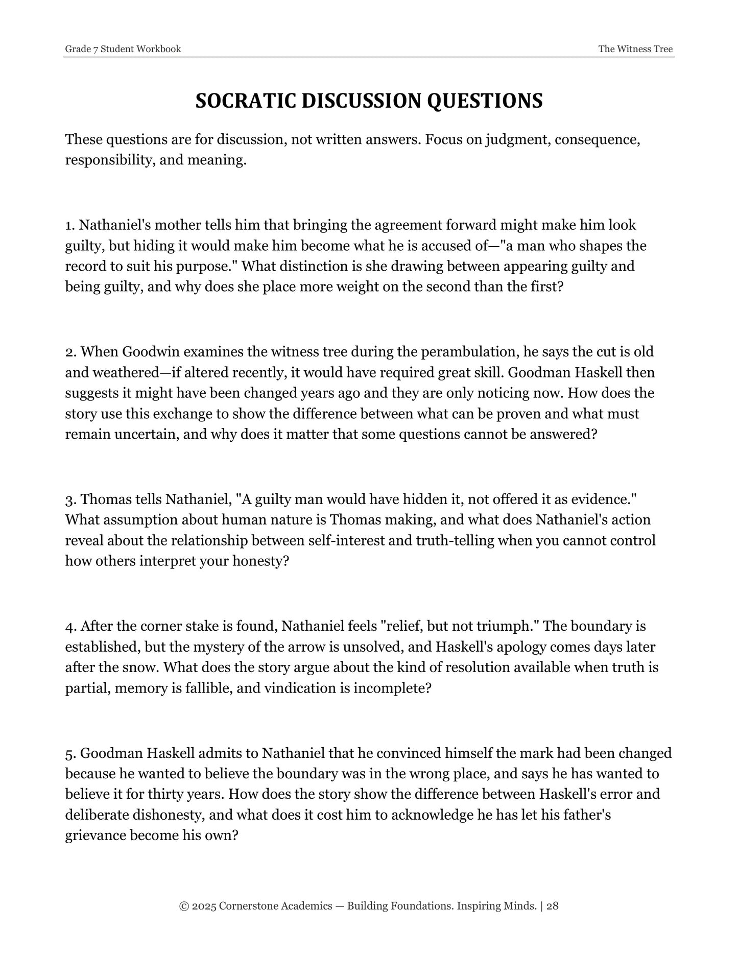 The Witness Tree | Grade 7 Classical Literature Packet | Cornerstone Academics