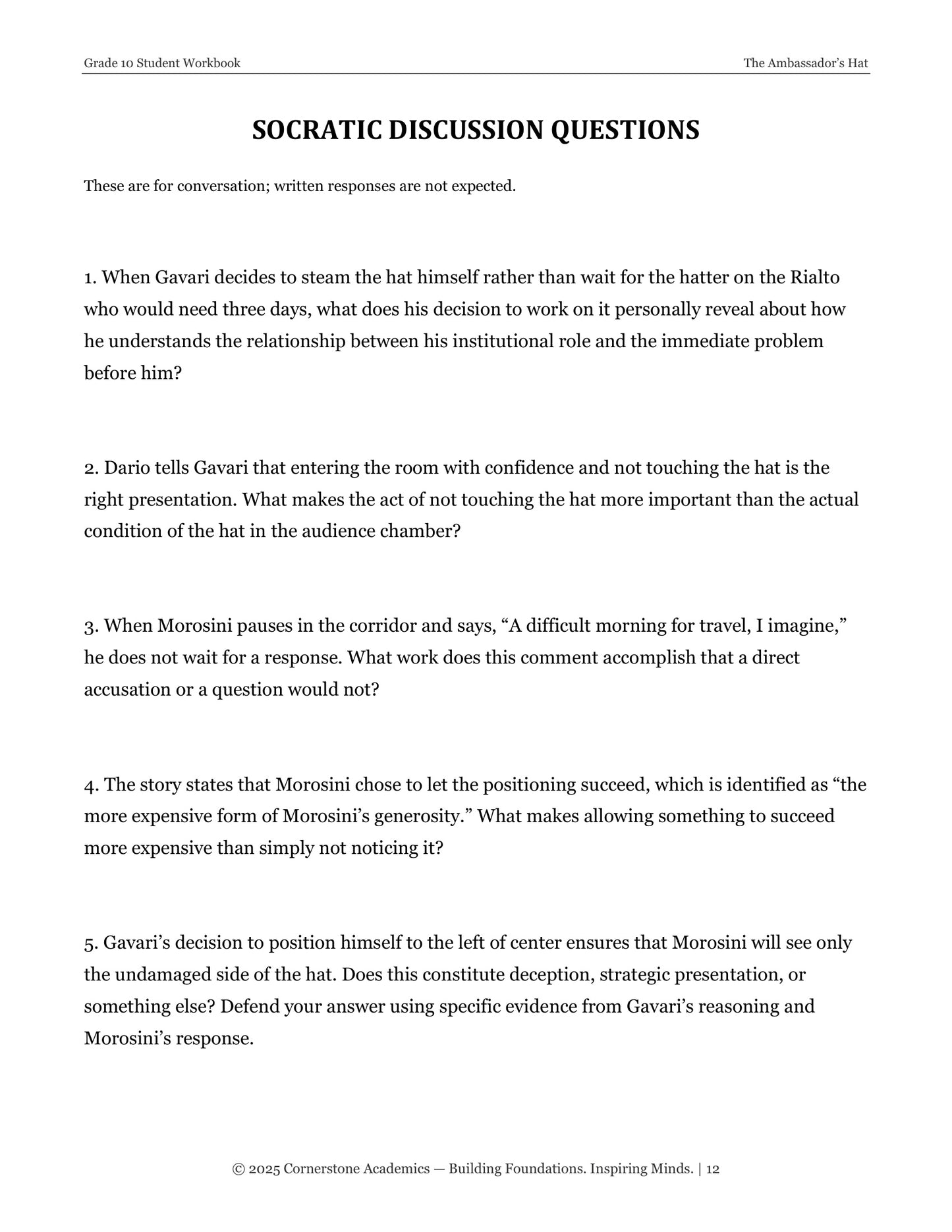 The Ambassador's Hat | Grade 10 Classical Literature Packet | Cornerstone Academics