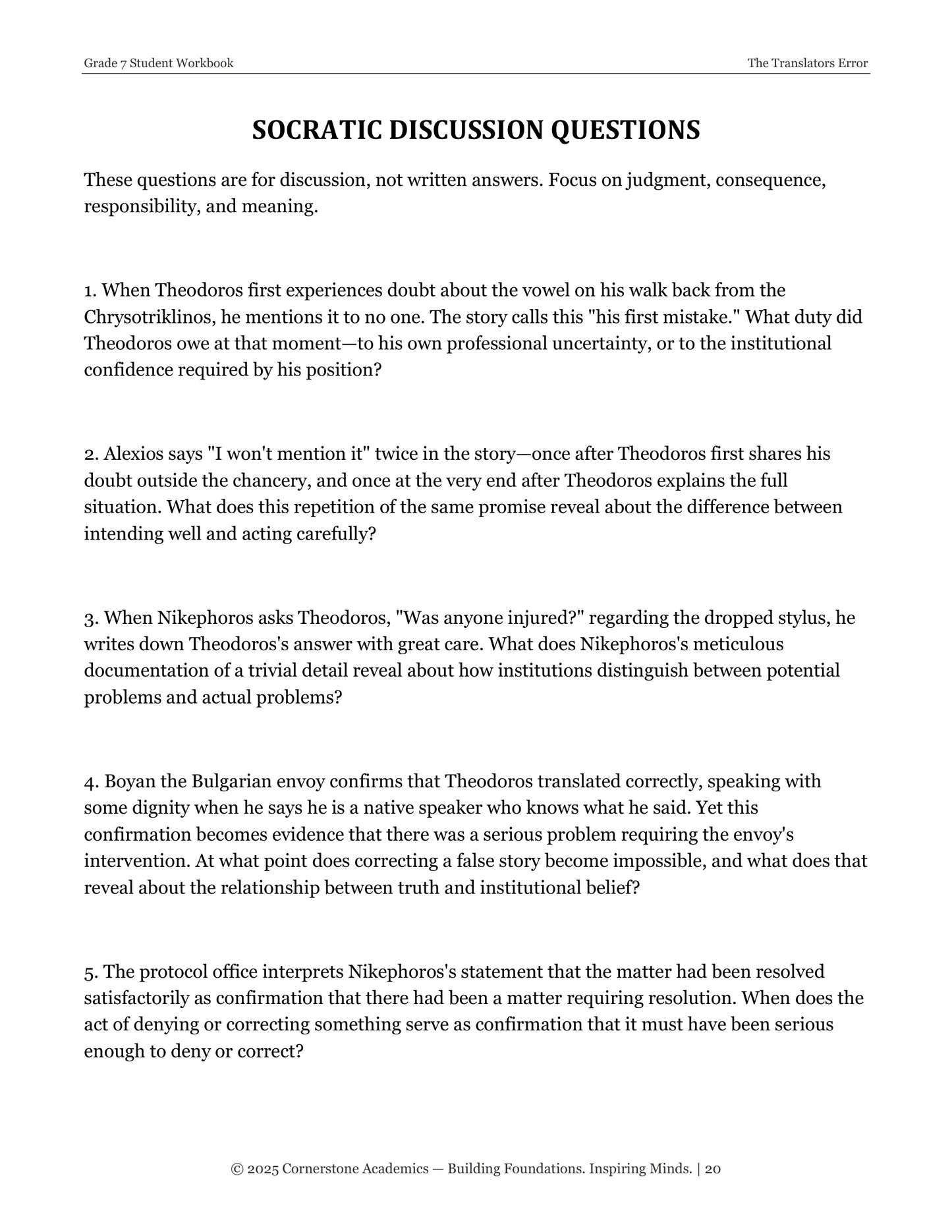 The Translator's Error | Grade 7 Classical Literature Packet | Cornerstone Academics