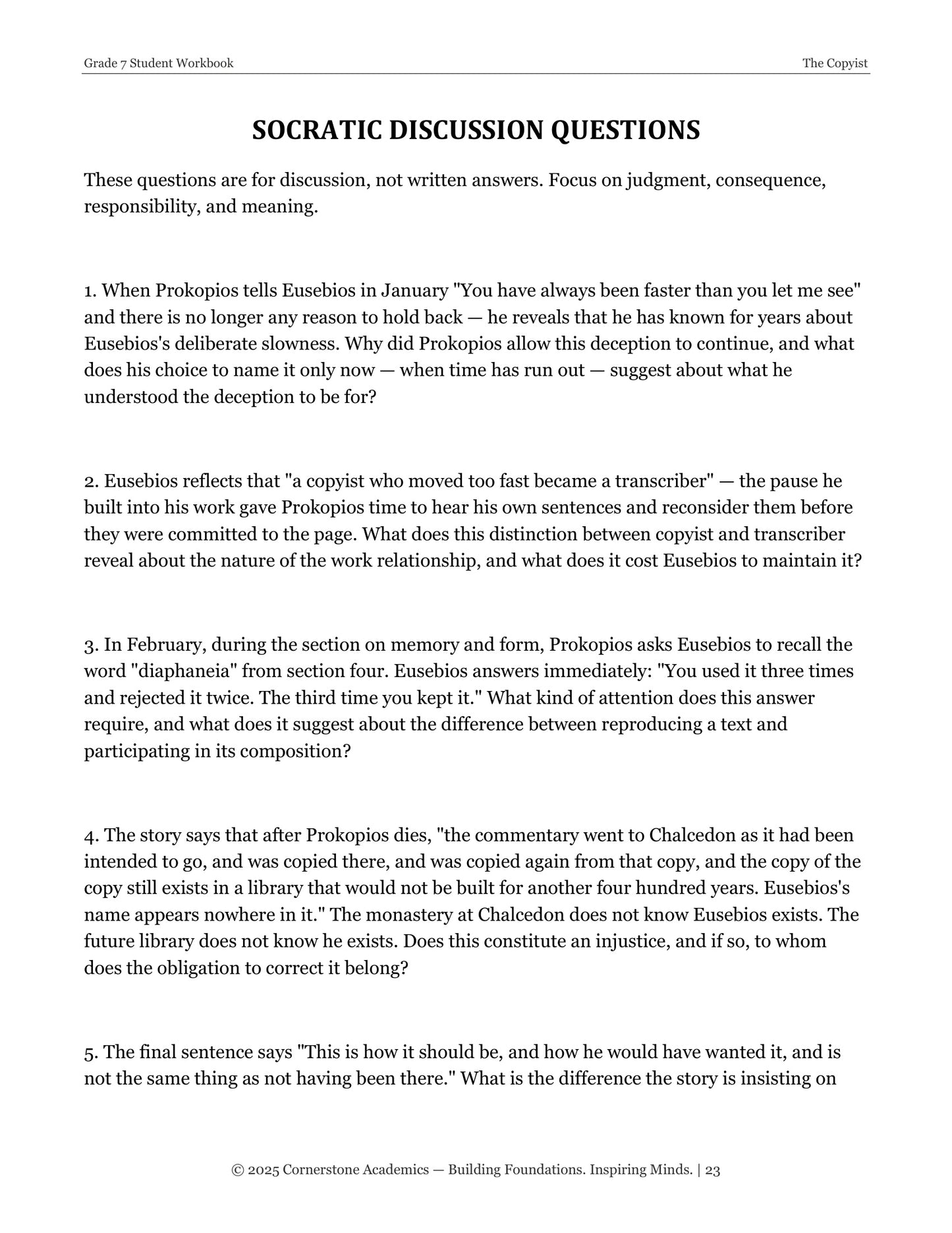 The Copyist | Grade 7 Classical Literature Packet | Cornerstone Academics