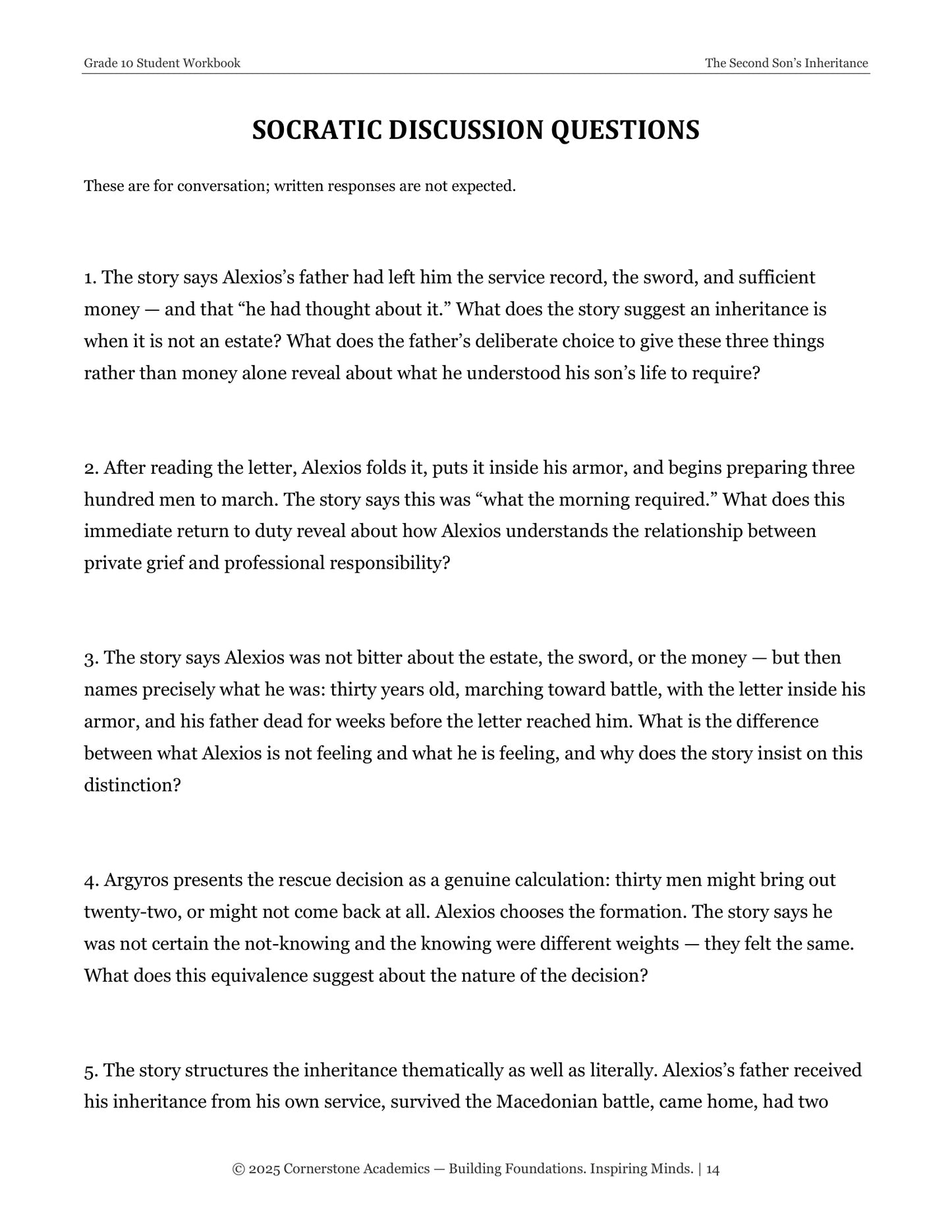 The Second Son's Inheritance | Grade 10 Classical Literature Packet | Cornerstone Academics