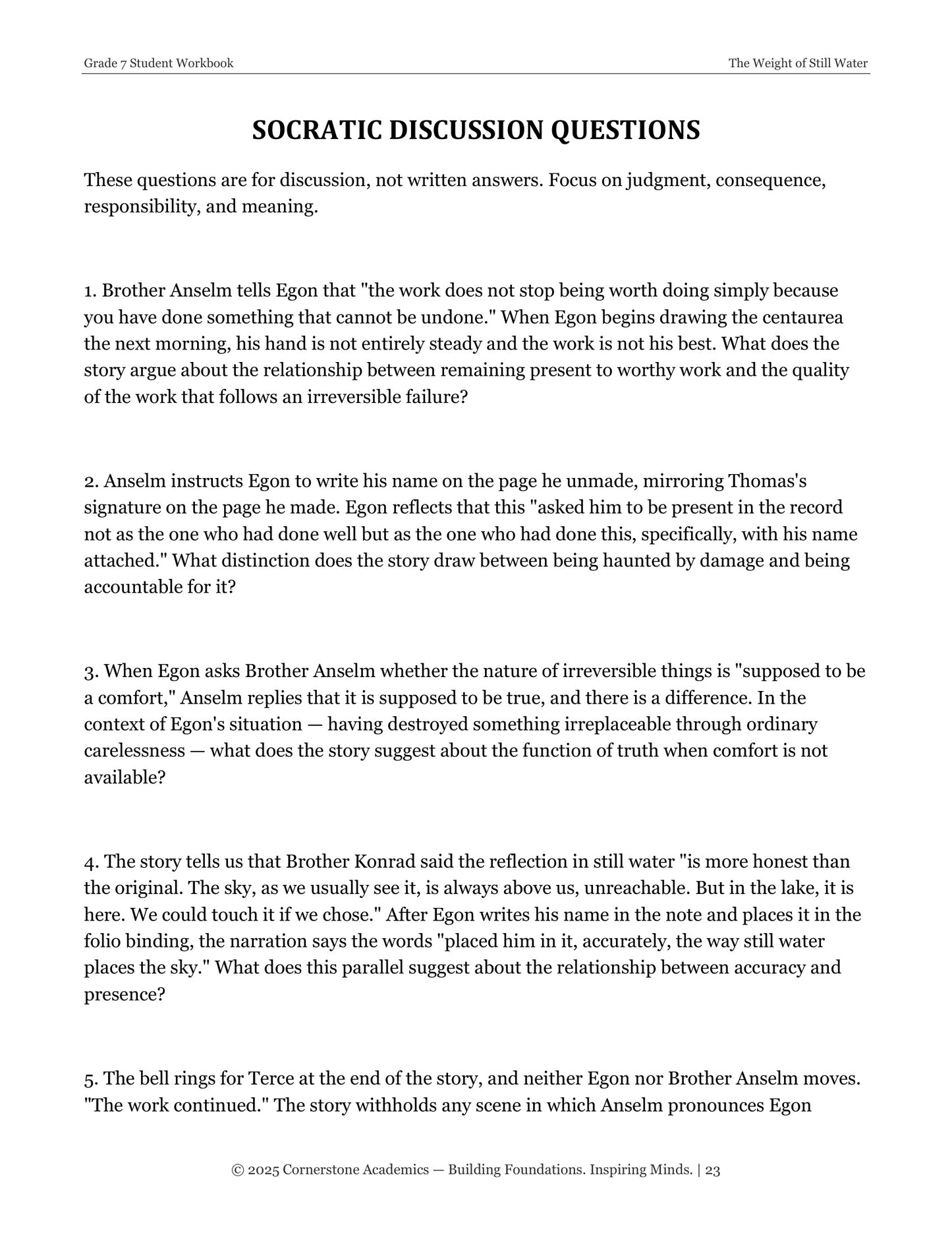The Weight of Still Water | Grade 7 Classical Literature Packet | Cornerstone Academics