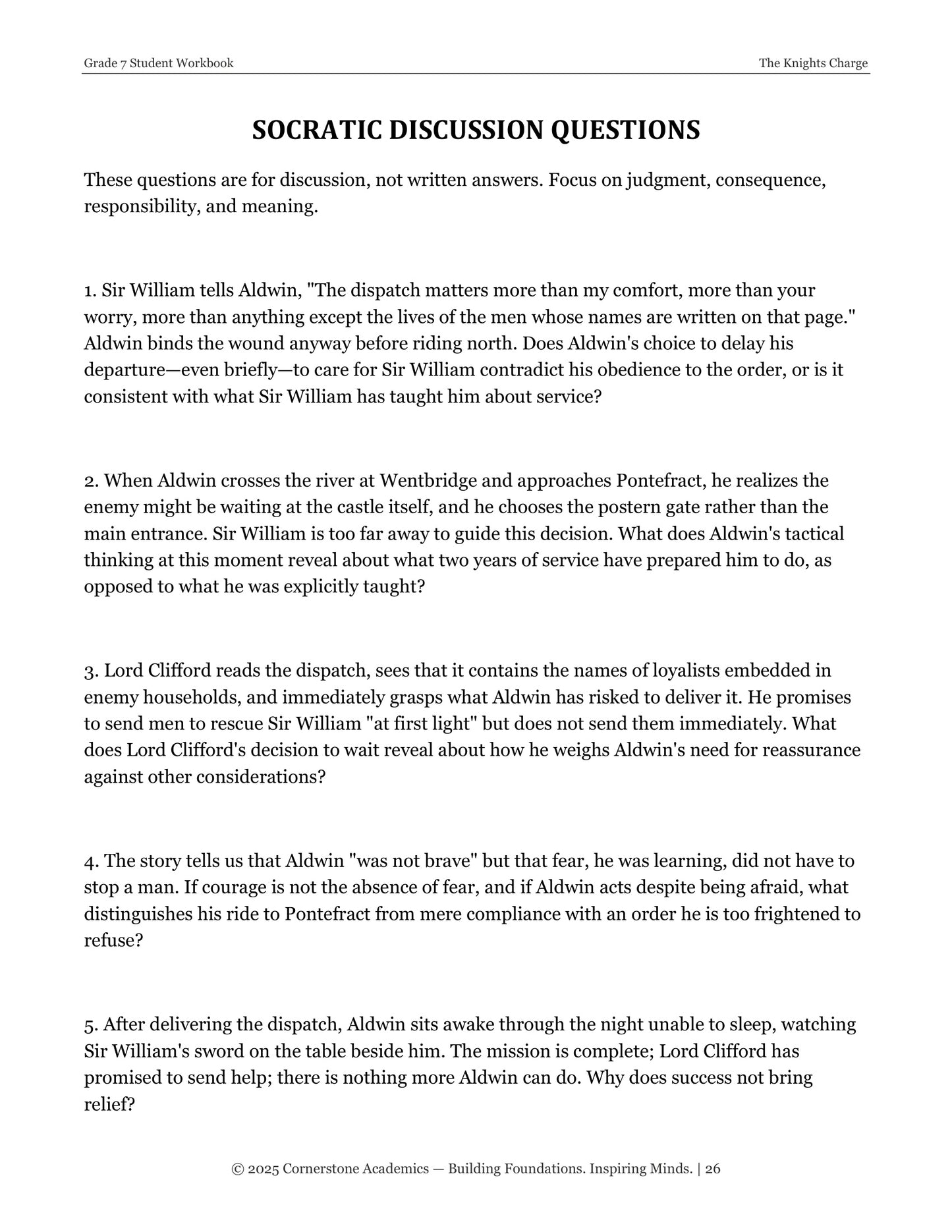 The Knight's Charge | Grade 7 Classical Literature Packet | Cornerstone Academics