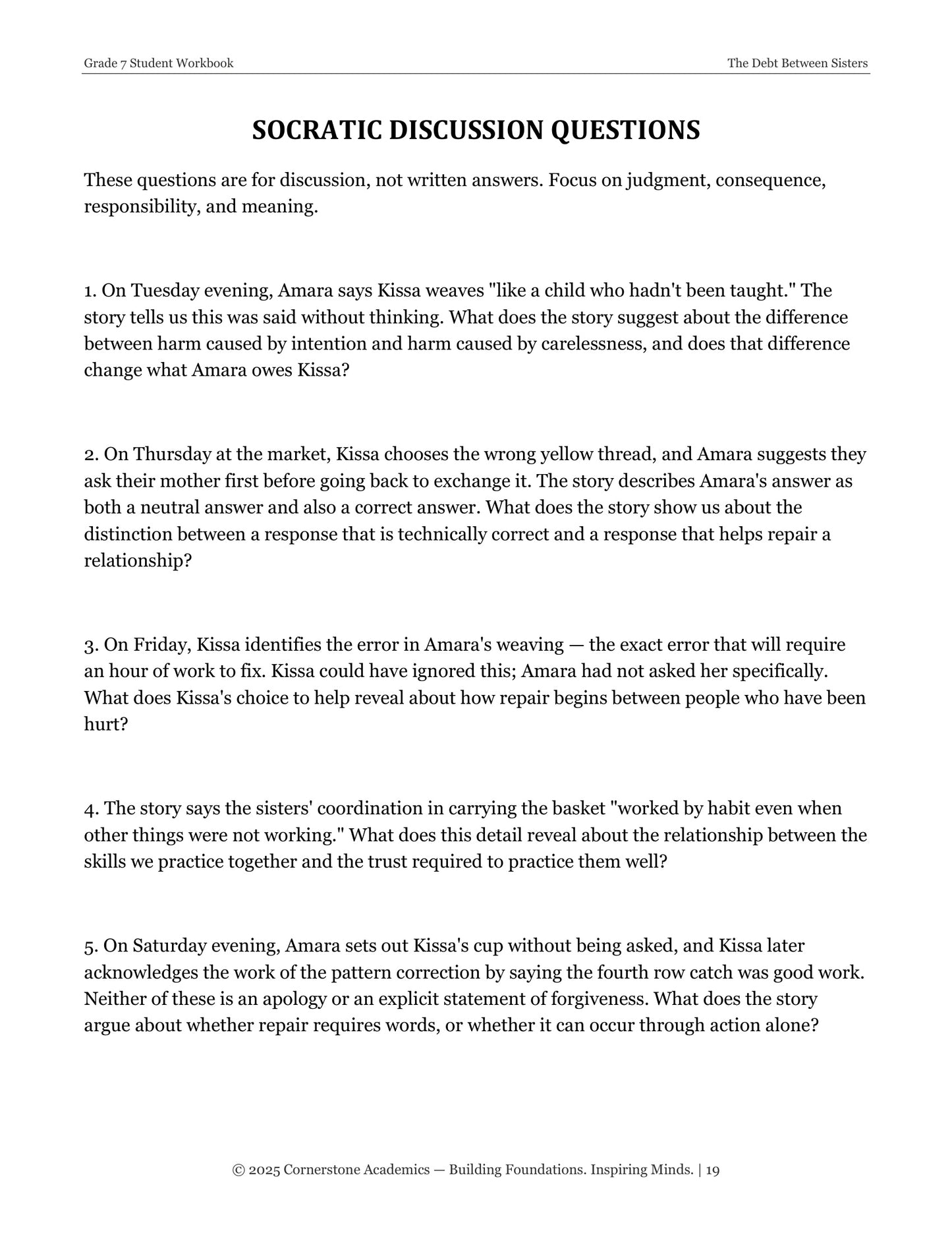 The Debt Between Sisters | Grade 7 Classical Literature Packet | Cornerstone Academics
