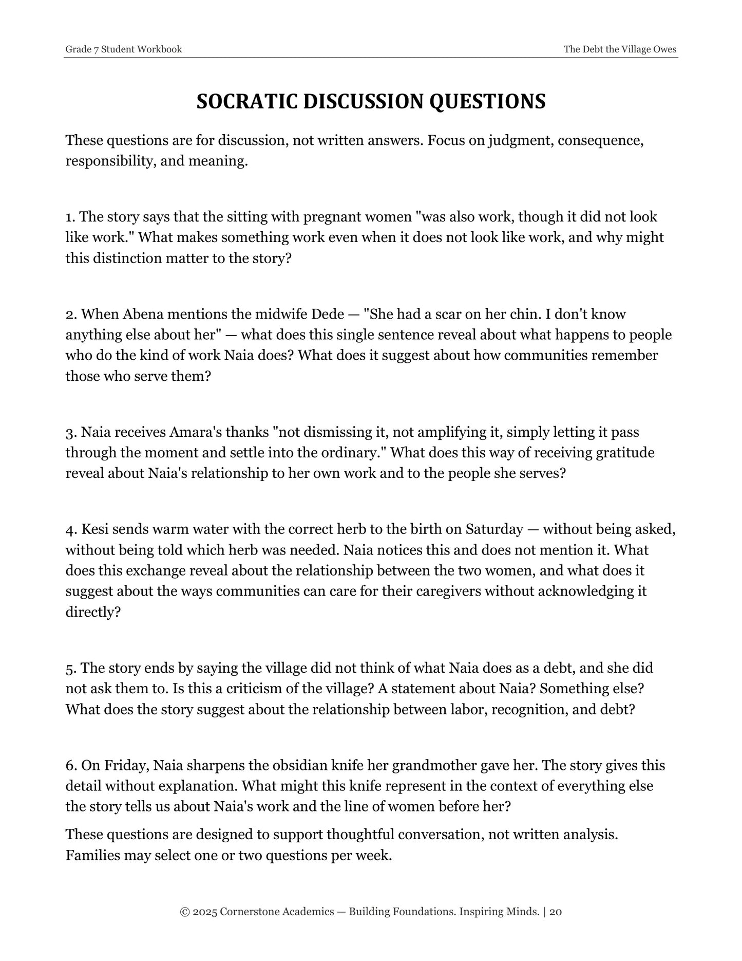 The Debt the Village Owes | Grade 7 Classical Literature Packet | Cornerstone Academics