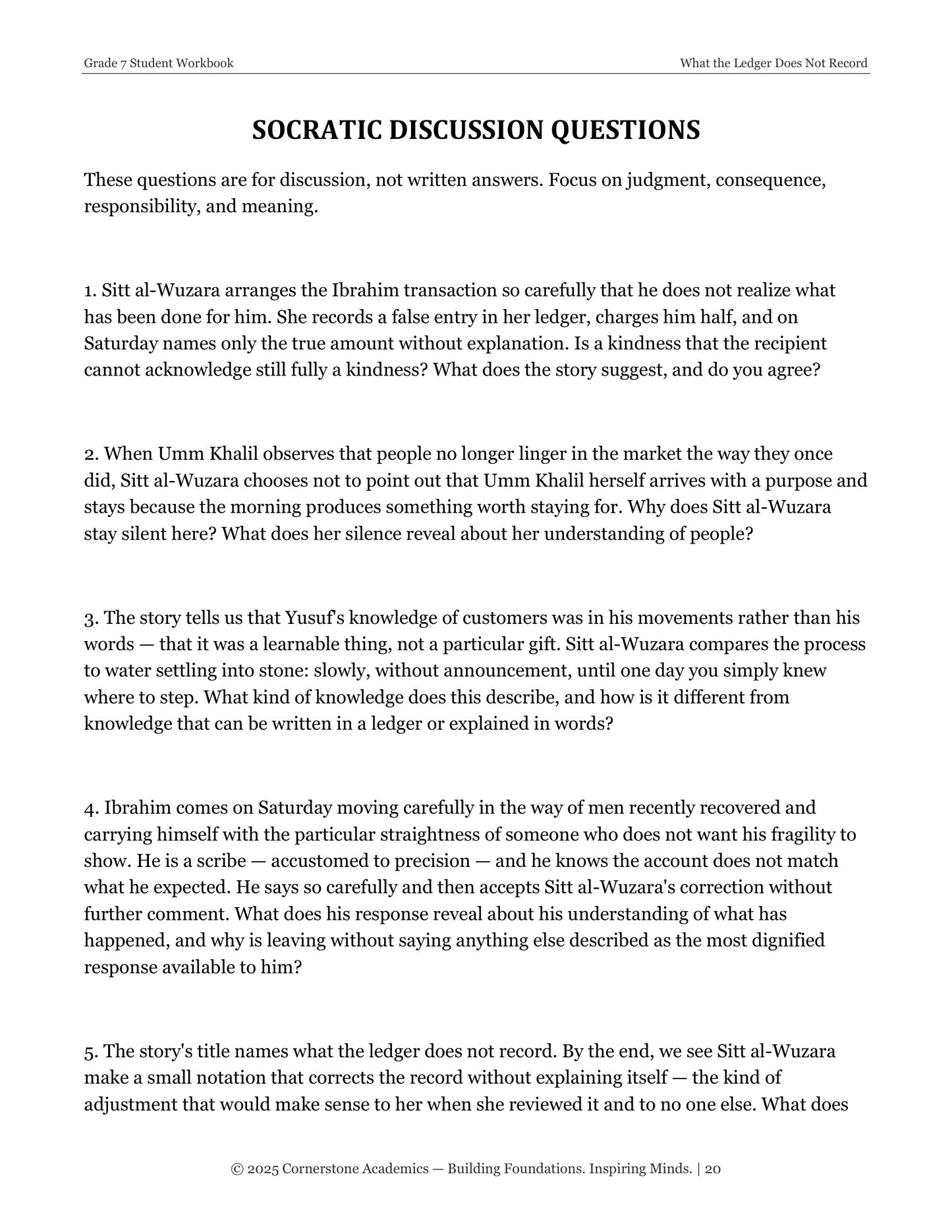 What the Ledger Does Not Record | Grade 7 Classical Literature Packet | Cornerstone Academics