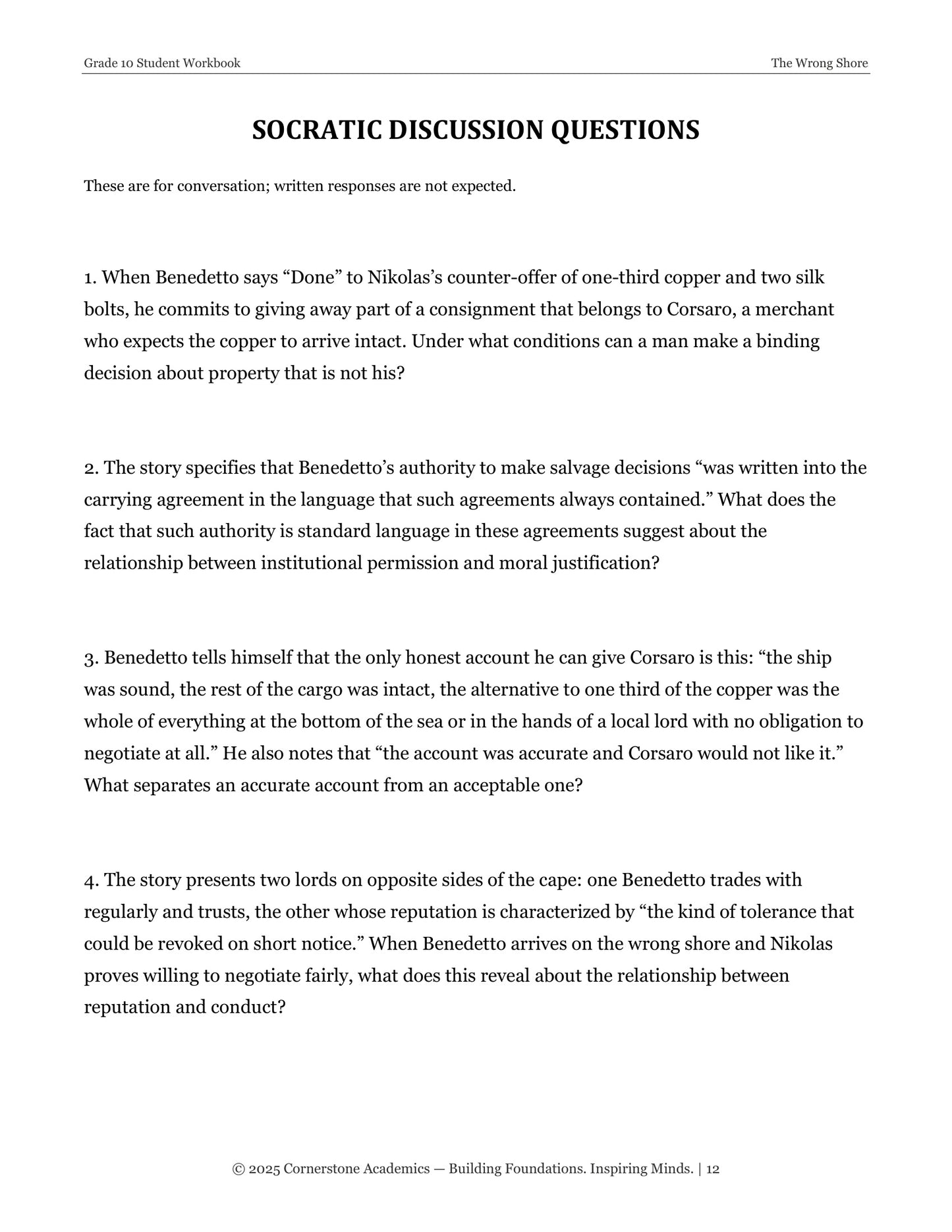 The Wrong Shore | Grade 10 Classical Literature Packet | Cornerstone Academics