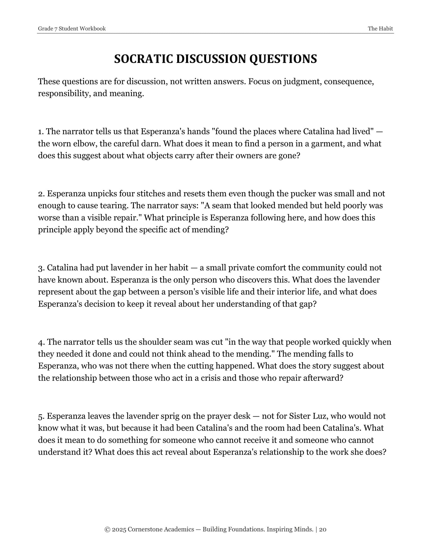 The Habit | Grade 7 Classical Literature Packet | Cornerstone Academics