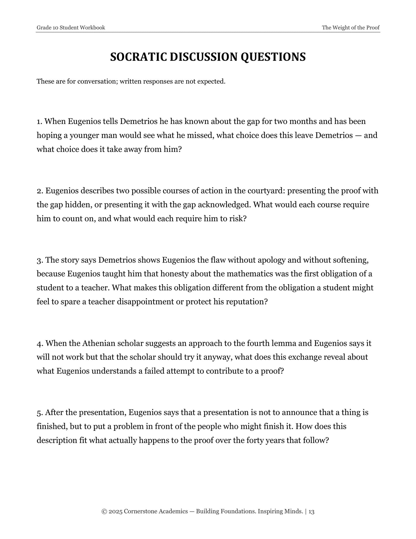 The Weight of the Proof | Grade 10 Classical Literature Packet | Cornerstone Academics