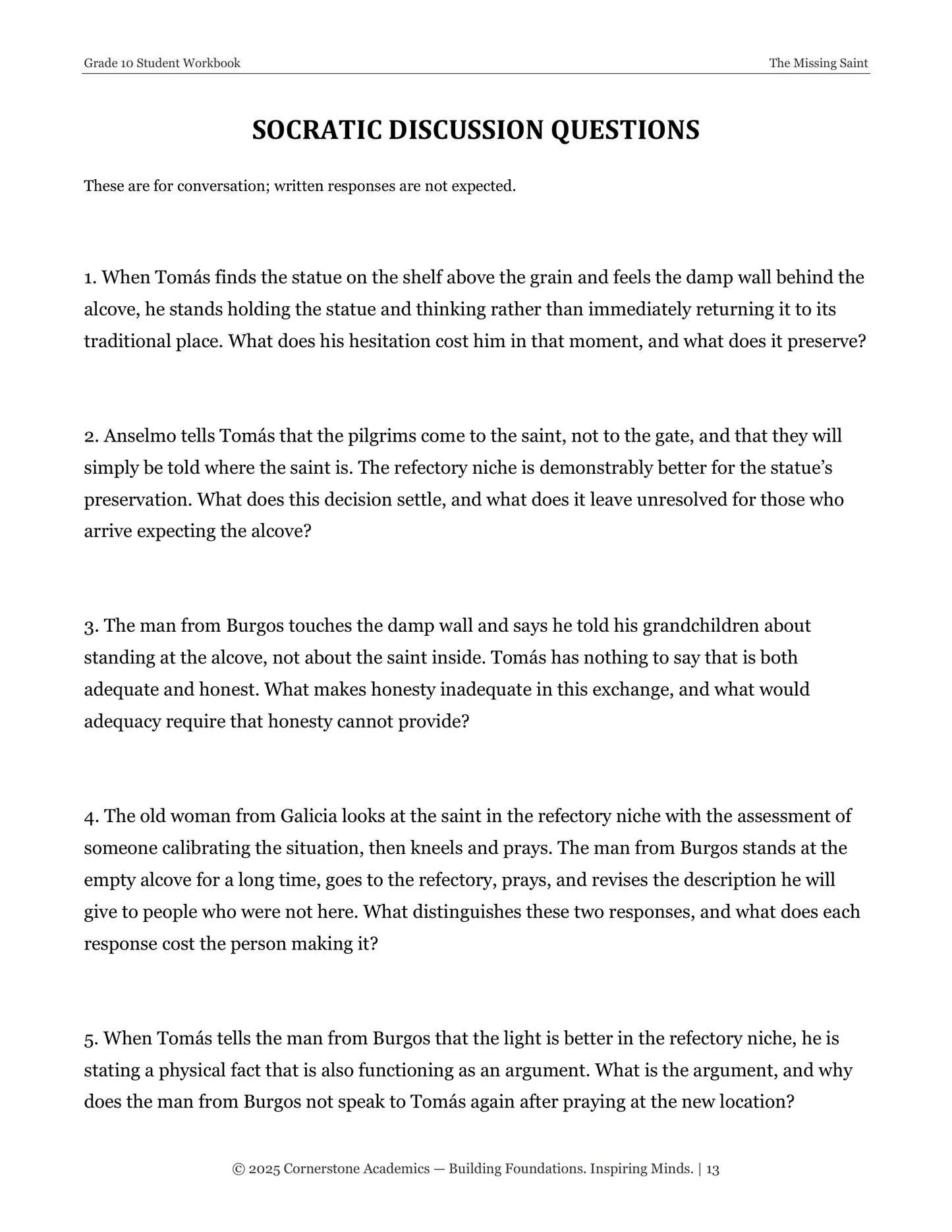 The Missing Saint | Grade 10 Classical Literature Packet | Cornerstone Academics
