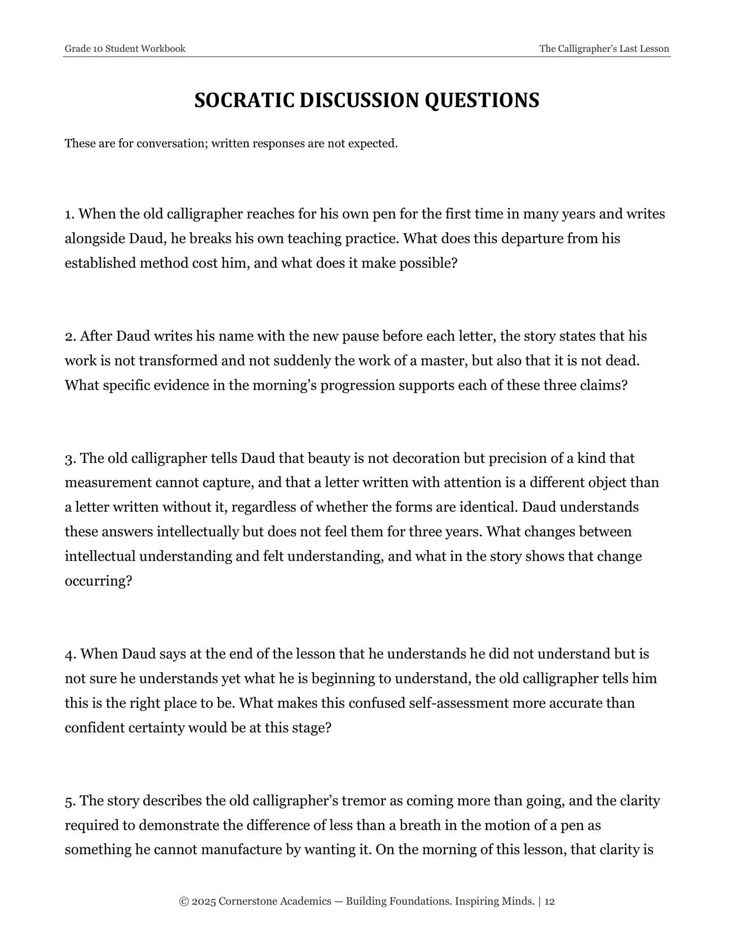 The Calligrapher's Last Lesson | Grade 10 Classical Literature Packet | Cornerstone Academics