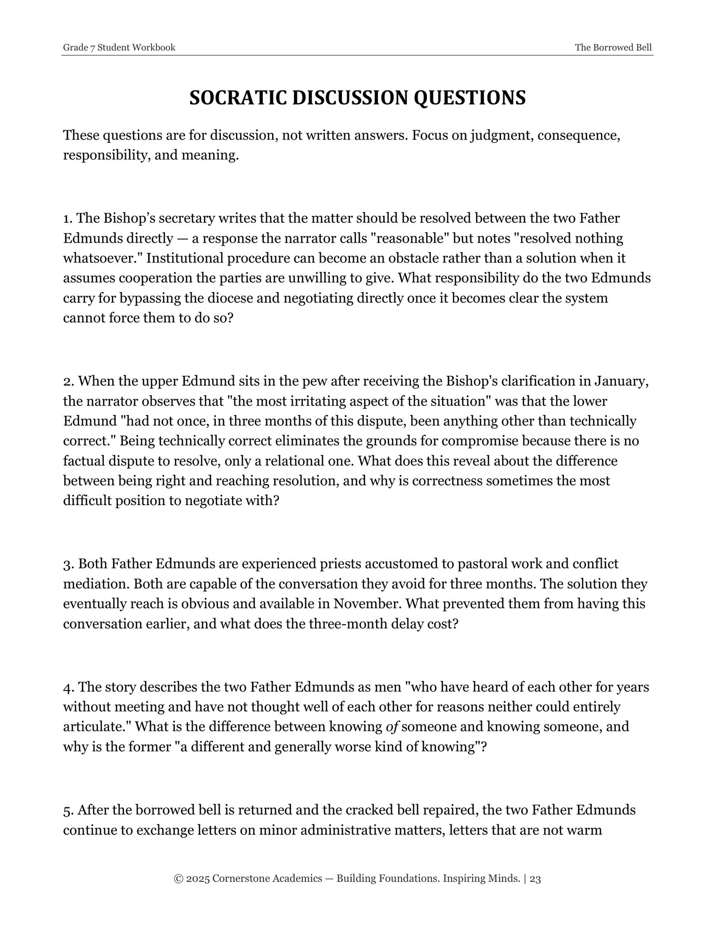 The Borrowed Bell | Grade 7 Classical Literature Packet | Cornerstone Academics