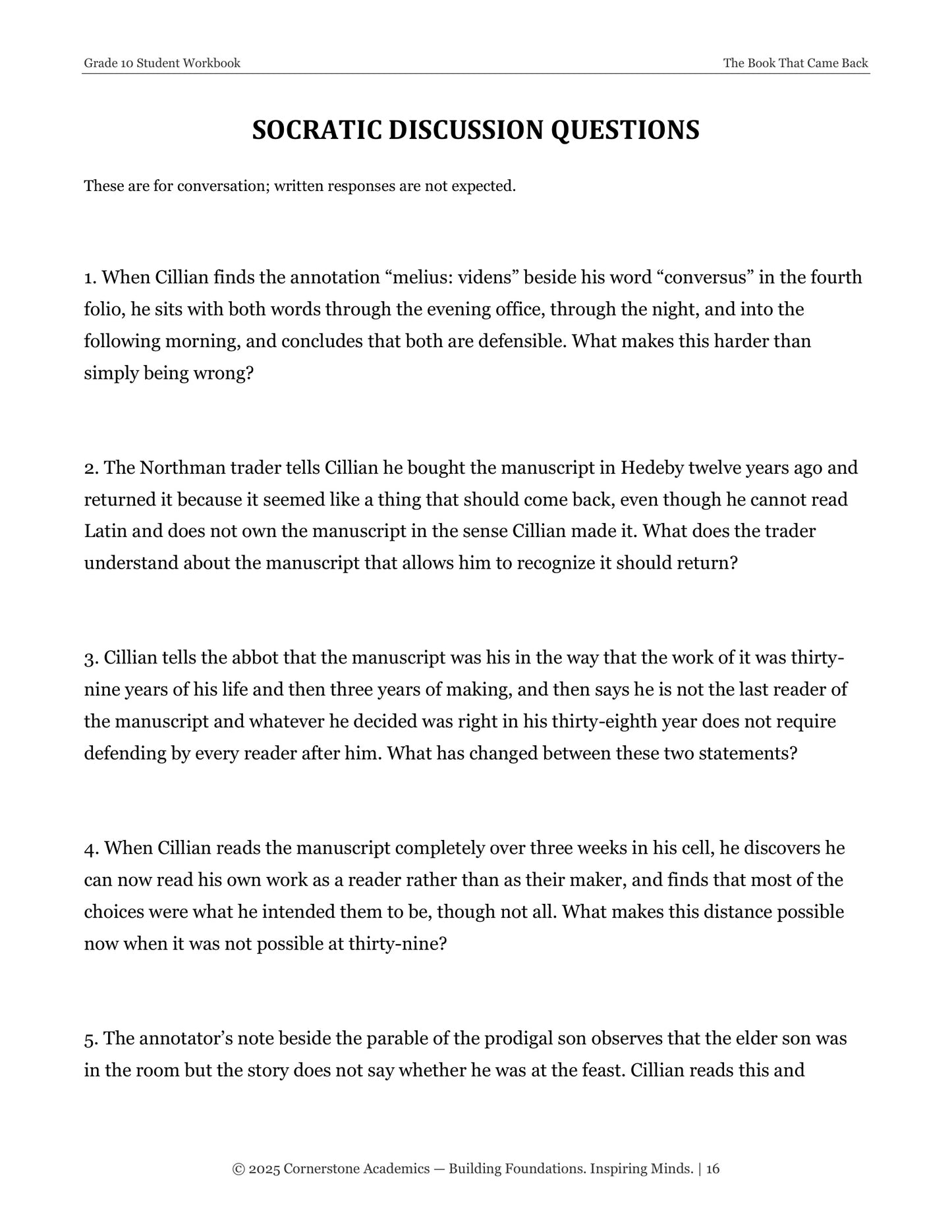 The Book That Came Back | Grade 10 Classical Literature Packet | Cornerstone Academics