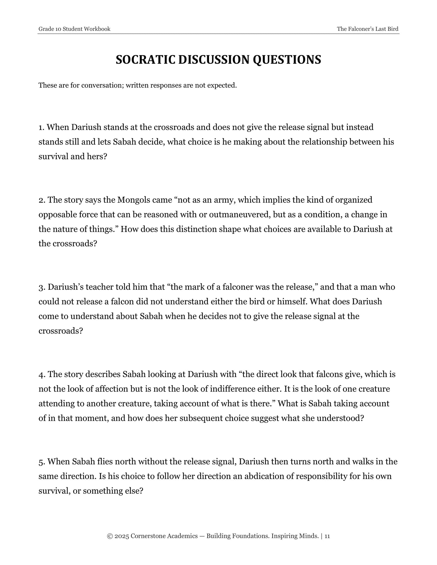 The Falconer's Last Bird | Grade 10 Classical Literature Packet | Cornerstone Academics