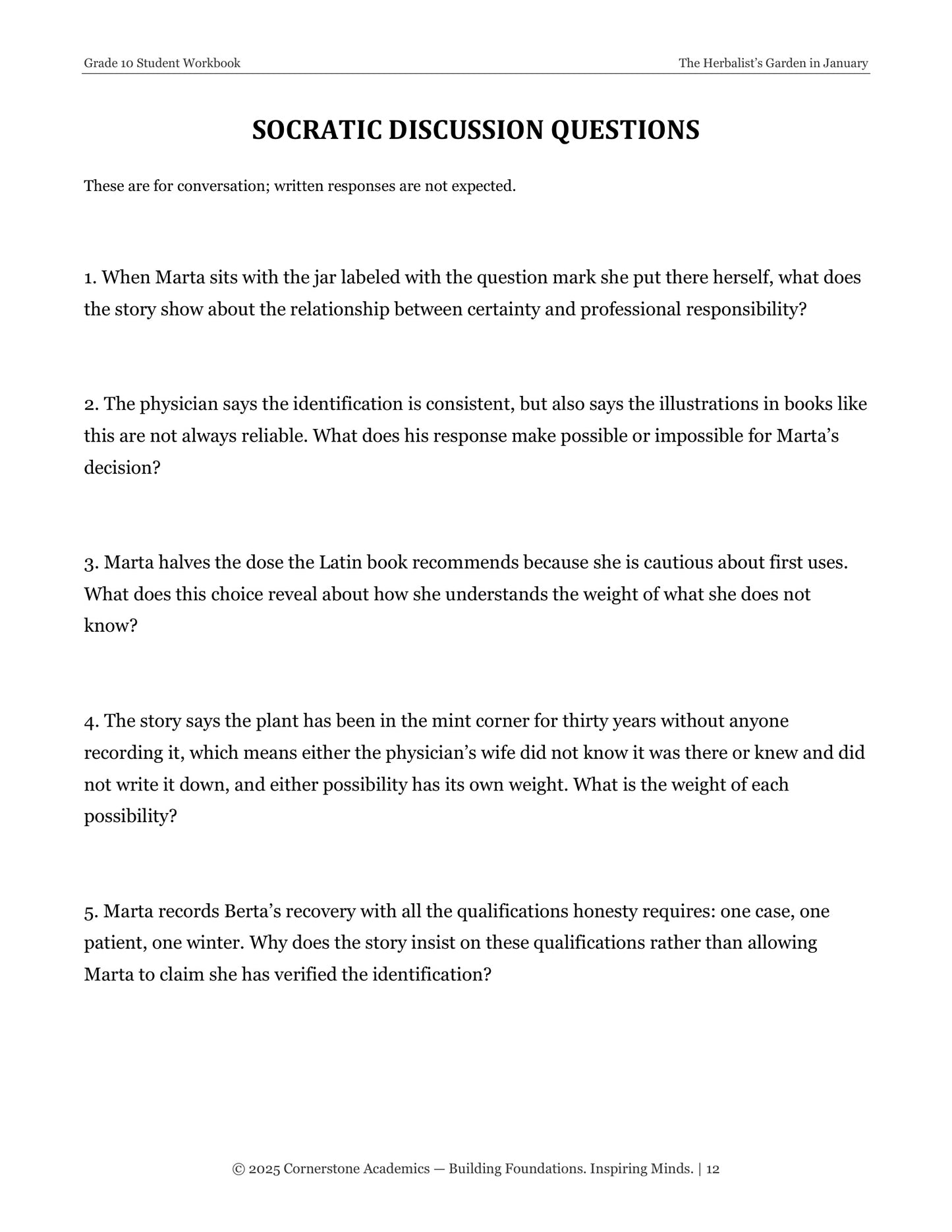 The Herbalist's Garden in January | Grade 10 Classical Literature Packet | Cornerstone Academics
