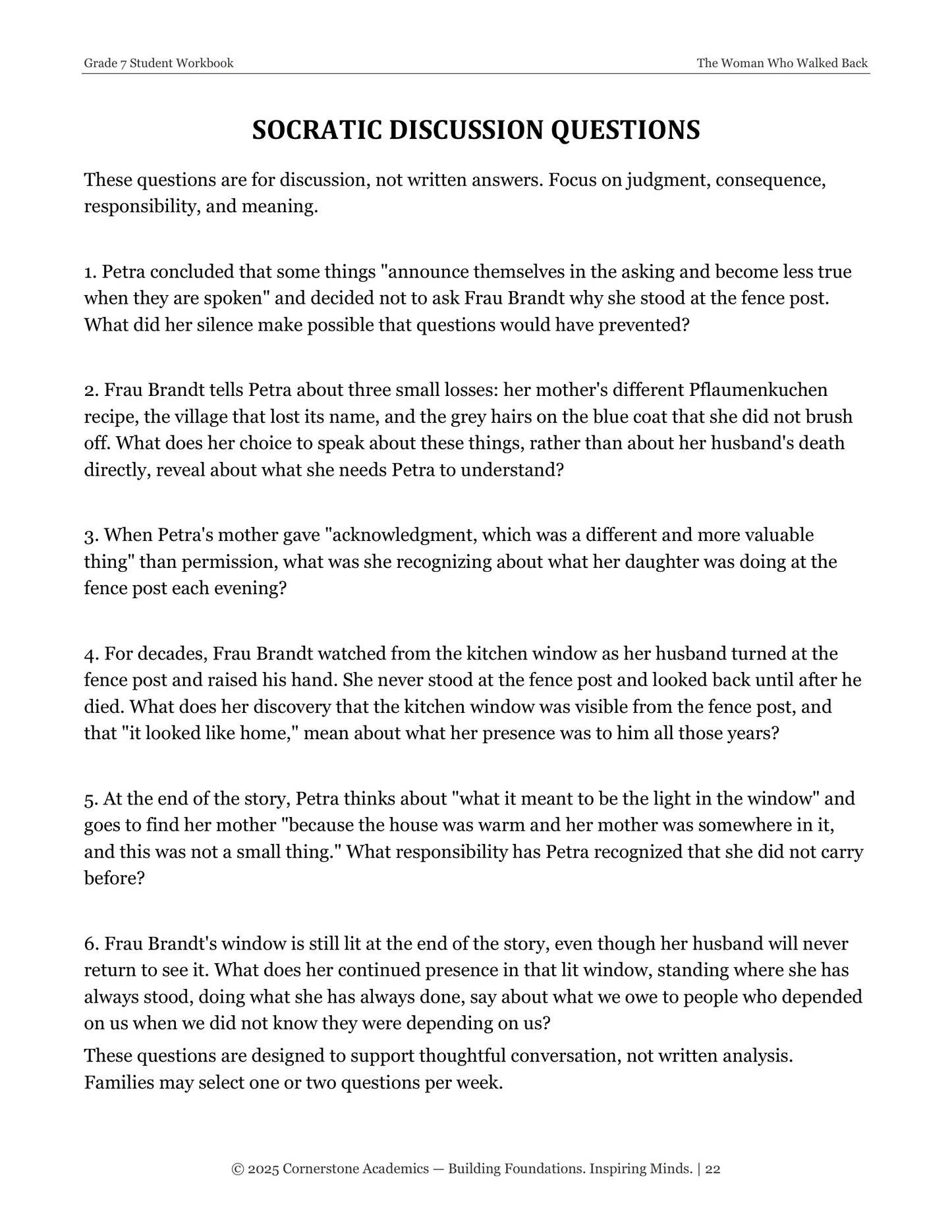The Woman Who Walked Back | Grade 7 Classical Literature Packet | Cornerstone Academics