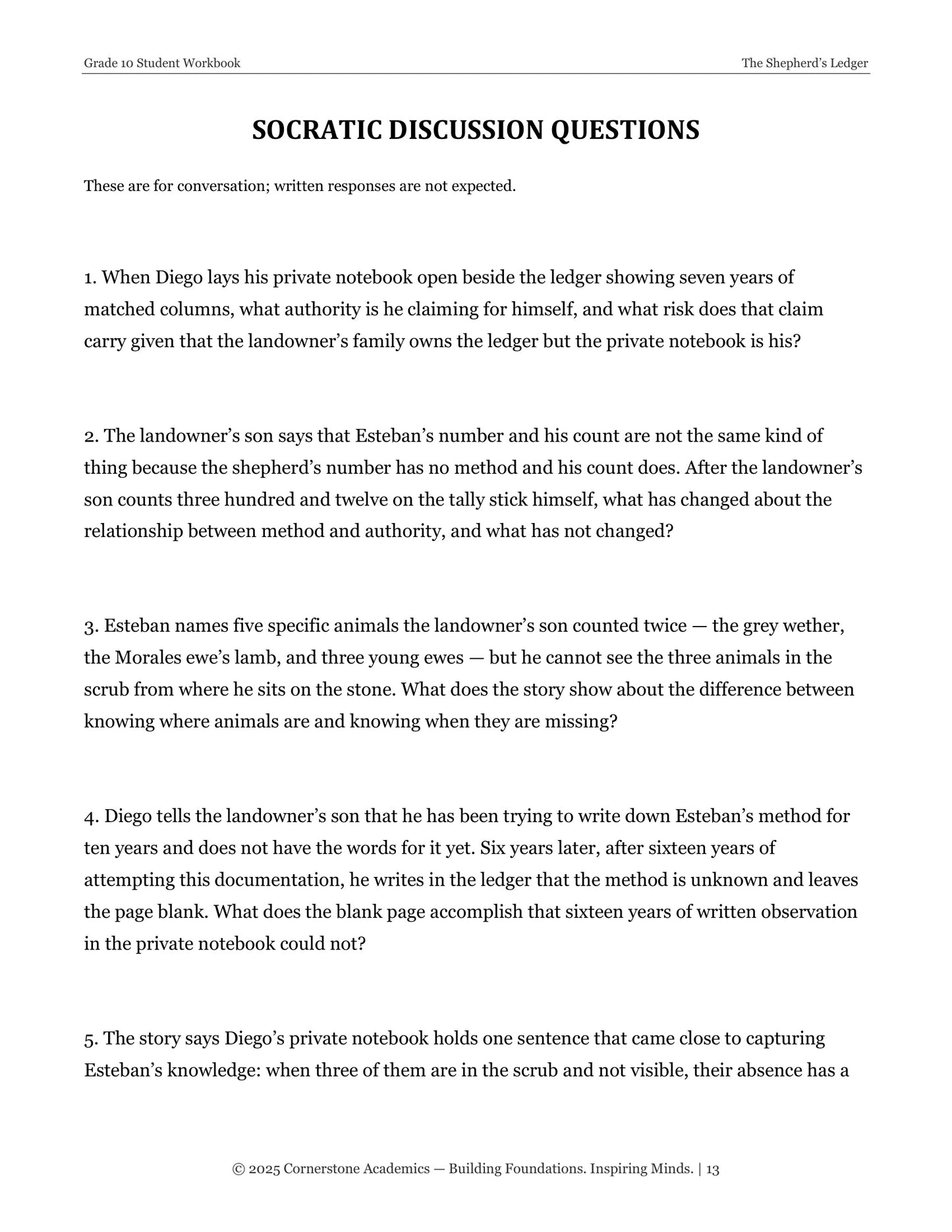 The Shepherd's Ledger | Grade 10 Classical Literature Packet | Cornerstone Academics