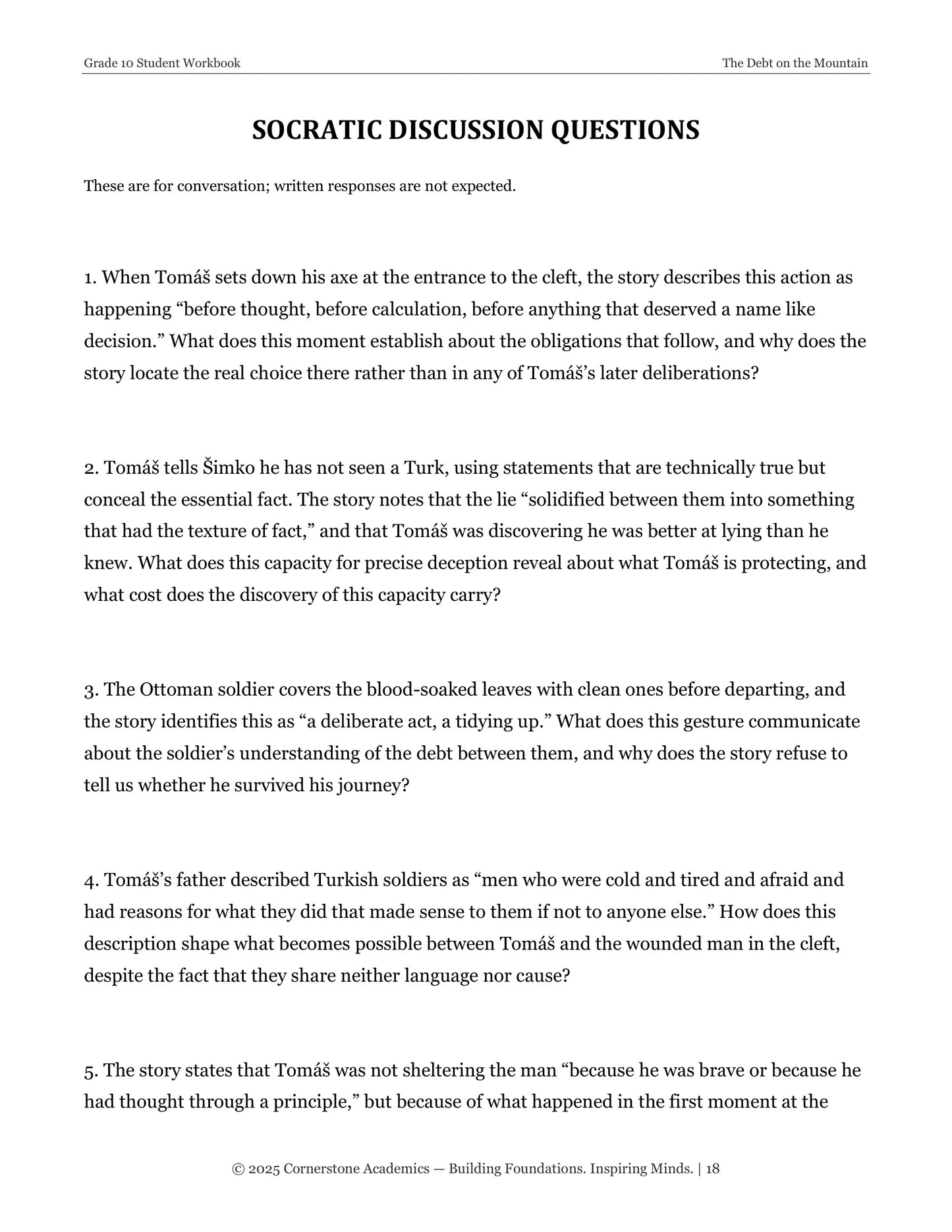 The Debt on the Mountain | Grade 10 Classical Literature Packet | Cornerstone Academics