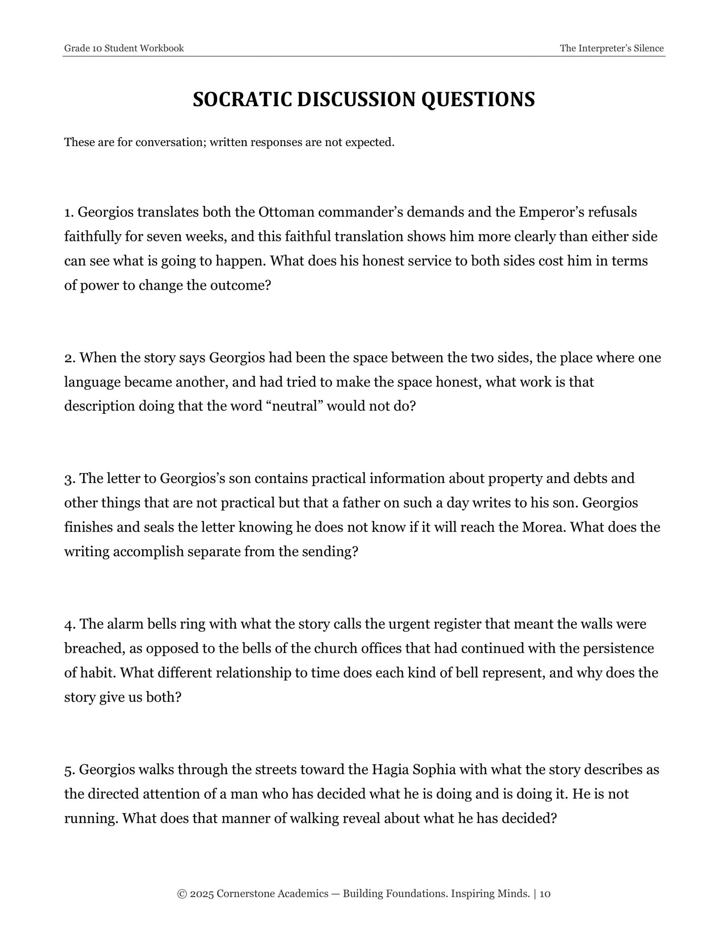 The Interpreter's Silence | Grade 10 Classical Literature Packet | Cornerstone Academics