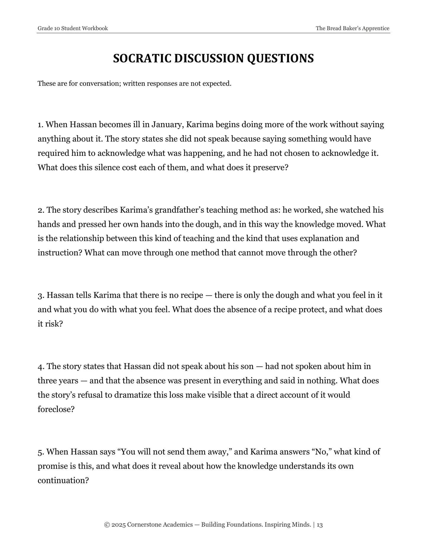 The Bread Baker's Apprentice | Grade 10 Classical Literature Packet | Cornerstone Academics