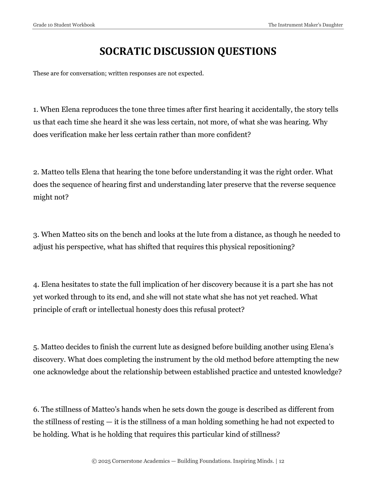 The Instrument Maker's Daughter | Grade 10 Classical Literature Packet | Cornerstone Academics
