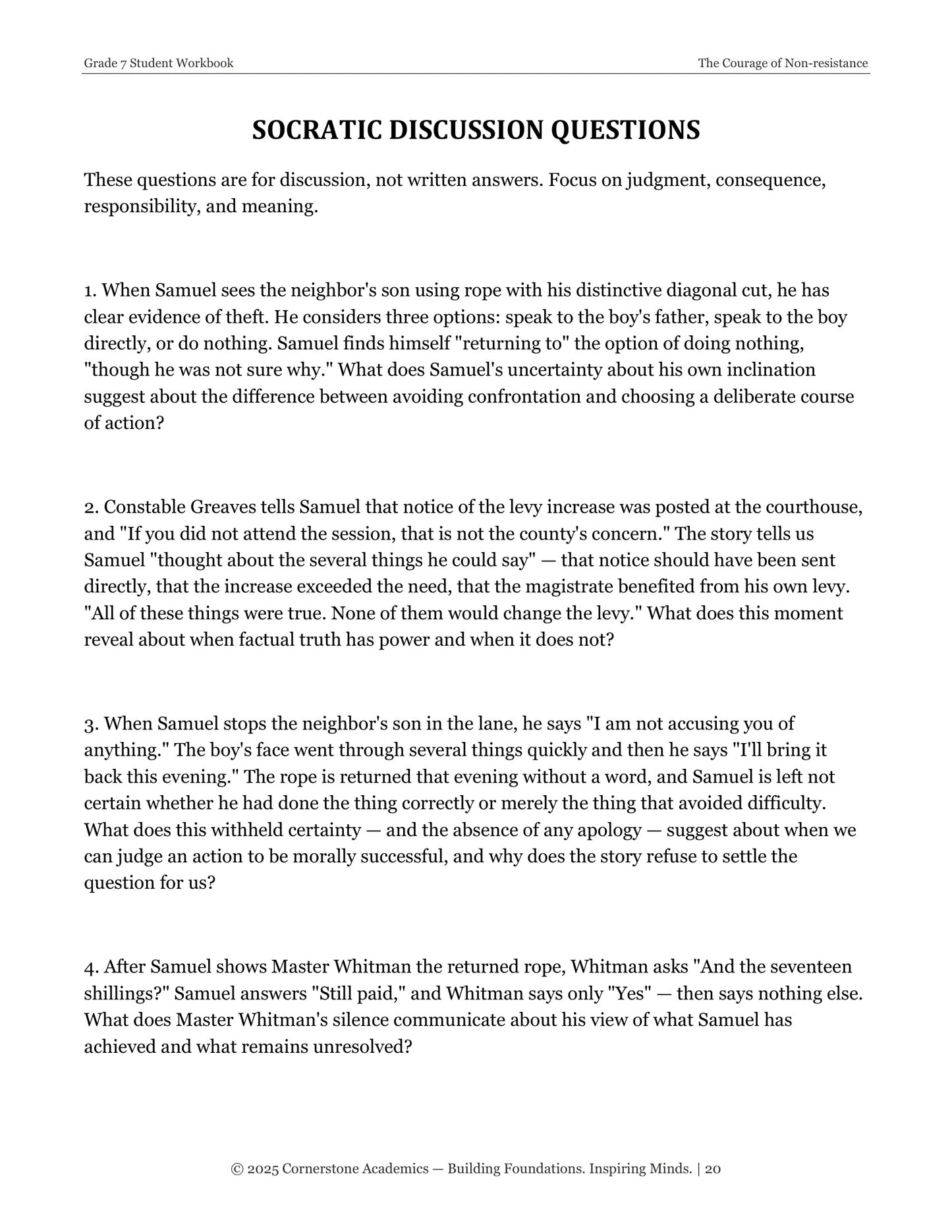 The Courage of Non-resistance | Grade 7 Classical Literature Packet | Cornerstone Academics