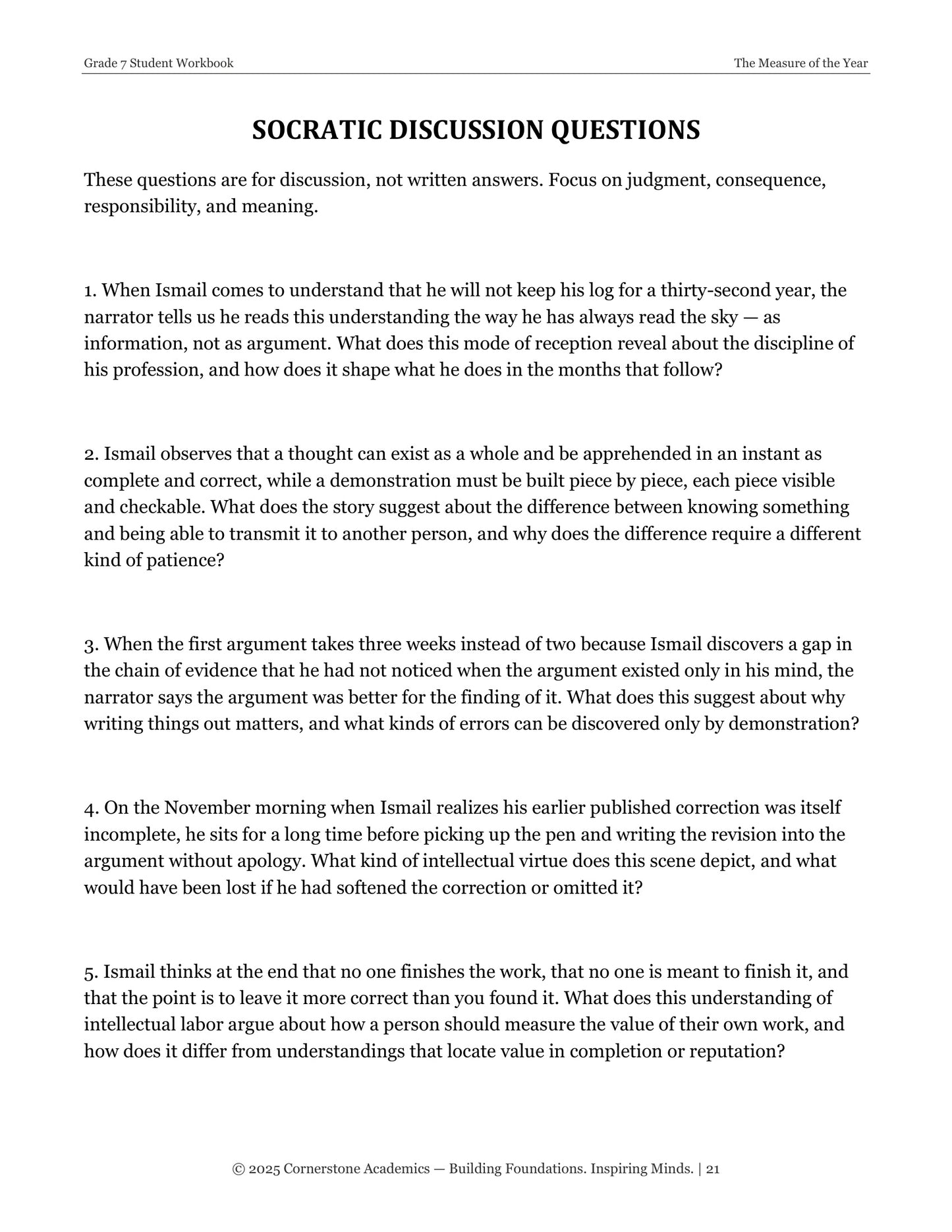 The Measure of the Year | Grade 7 Classical Literature Packet | Cornerstone Academics