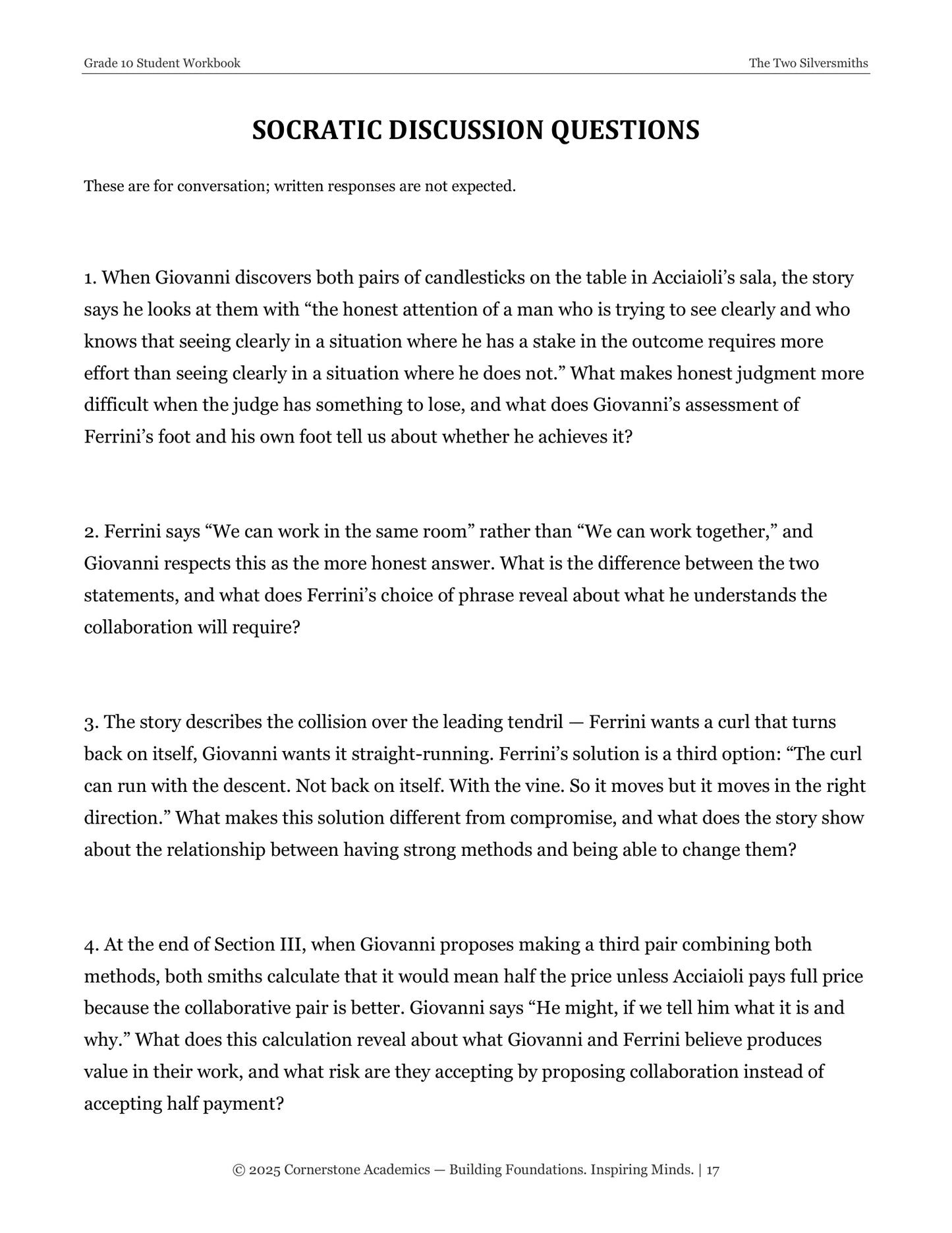 The Two Silversmiths | Grade 10 Classical Literature Packet | Cornerstone Academics