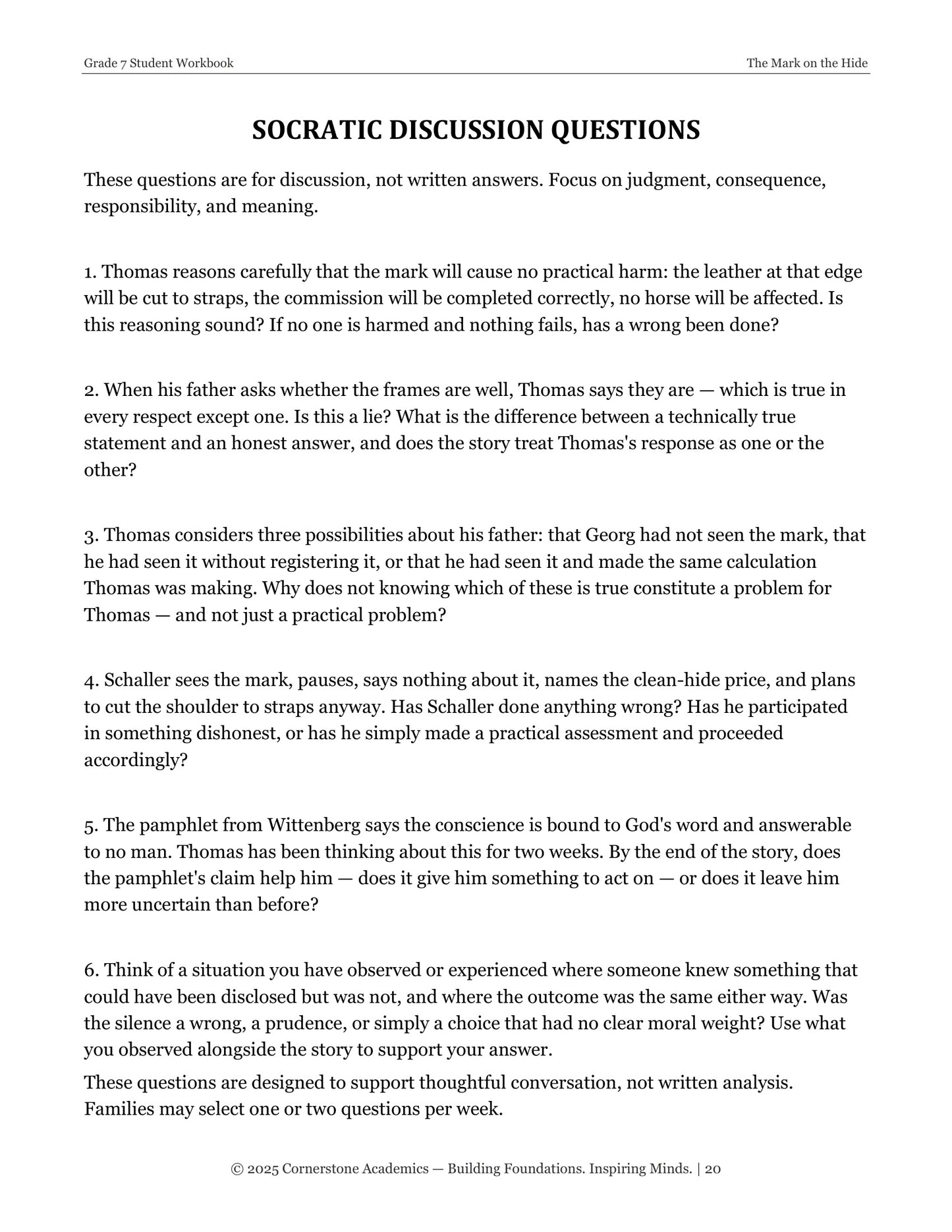 The Mark on the Hide | Grade 7 Classical Literature Packet | Cornerstone Academics