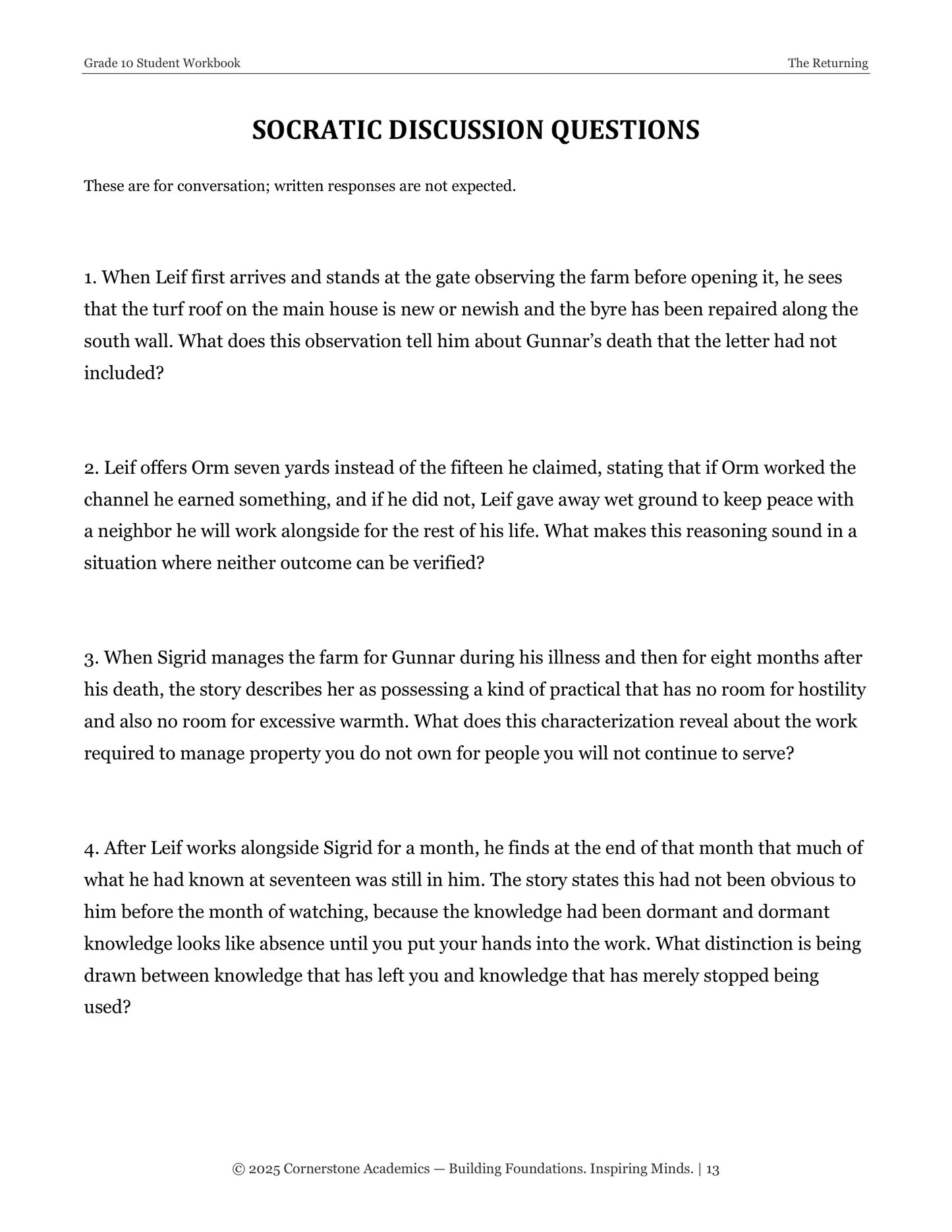 The Returning | Grade 10 Classical Literature Packet | Cornerstone Academics