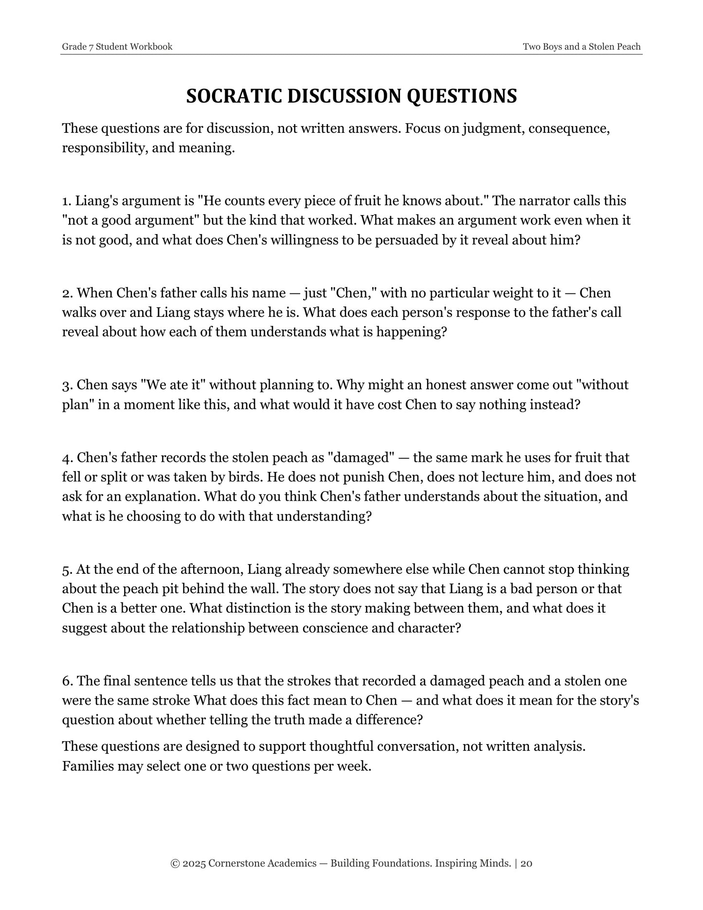 Two Boys and a Stolen Peach | Grade 7 Classical Literature Packet | Cornerstone Academics