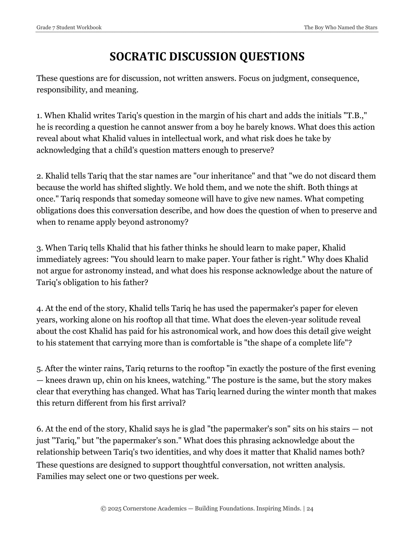The Boy Who Named the Stars | Grade 7 Classical Literature Packet | Cornerstone Academics