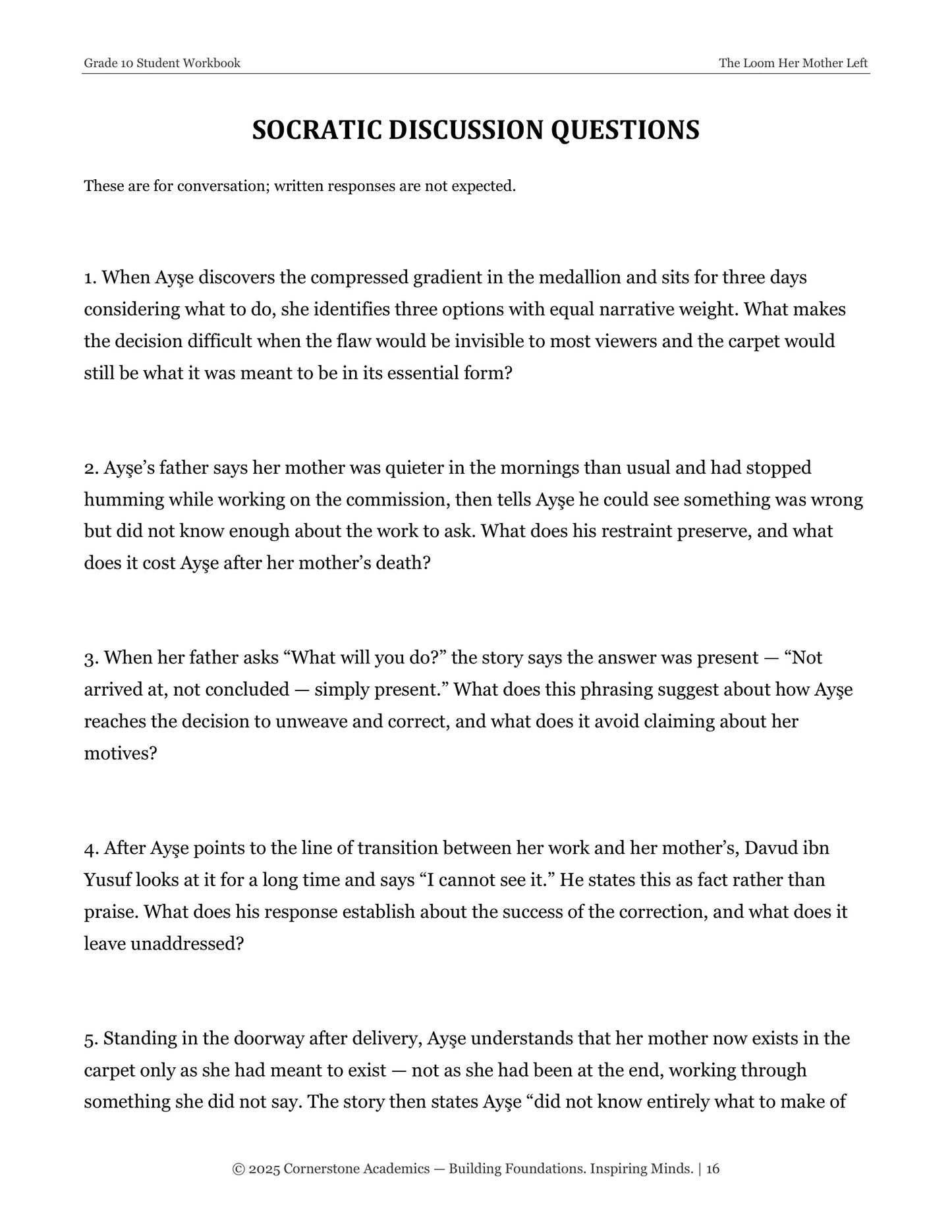 The Loom Her Mother Left | Grade 10 Classical Literature Packet | Cornerstone Academics