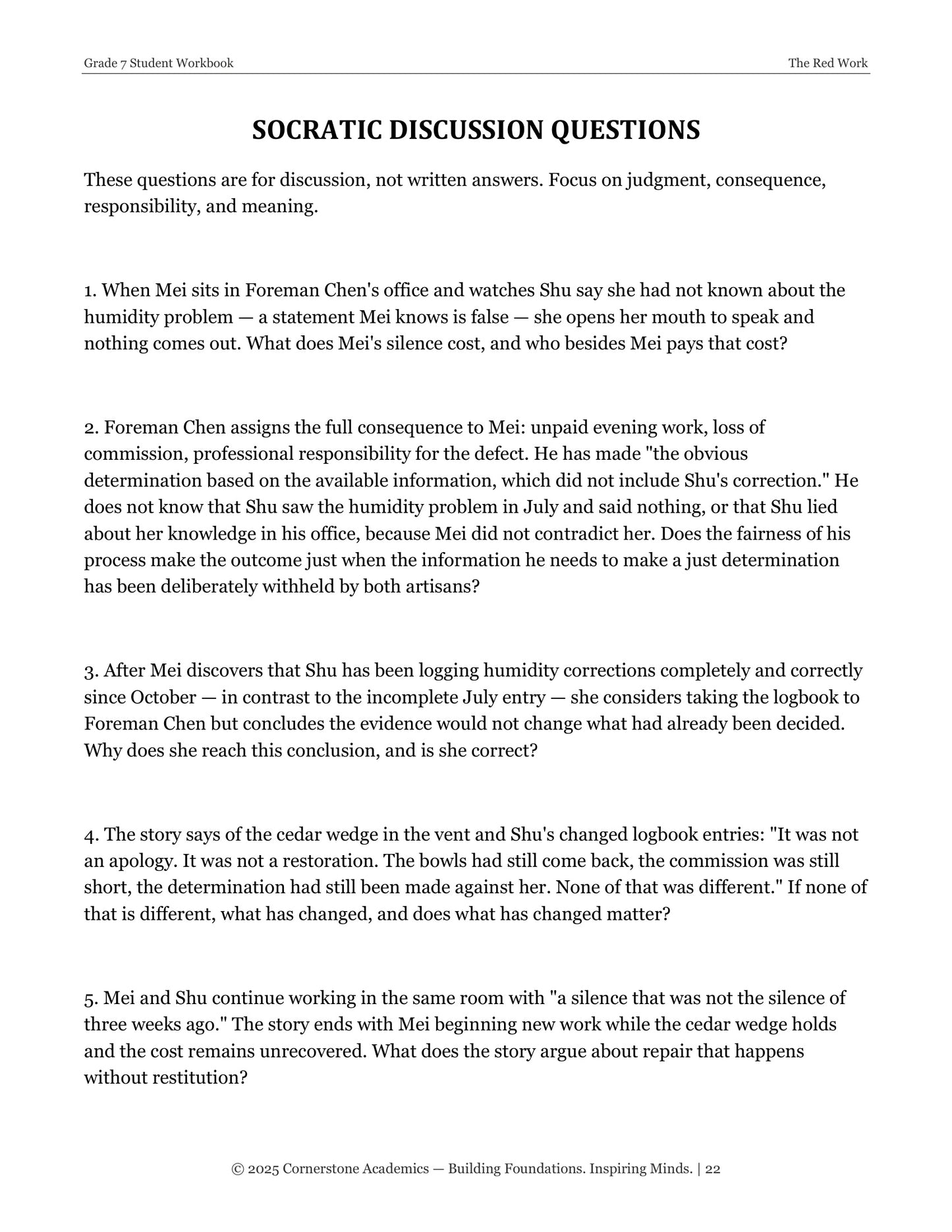 The Red Work | Grade 7 Classical Literature Packet | Cornerstone Academics
