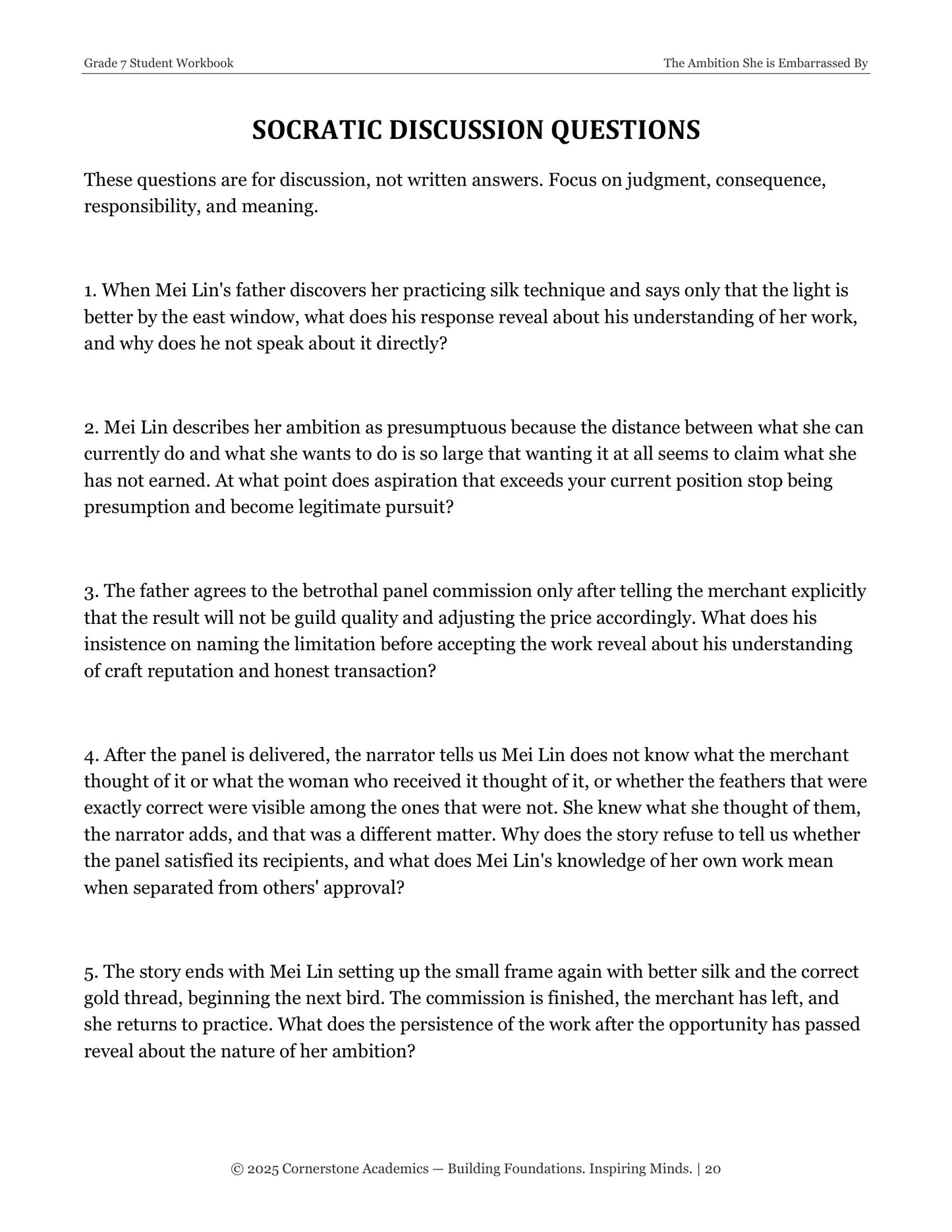 The Ambition She Is Embarrassed By | Grade 7 Classical Literature Packet | Cornerstone Academics