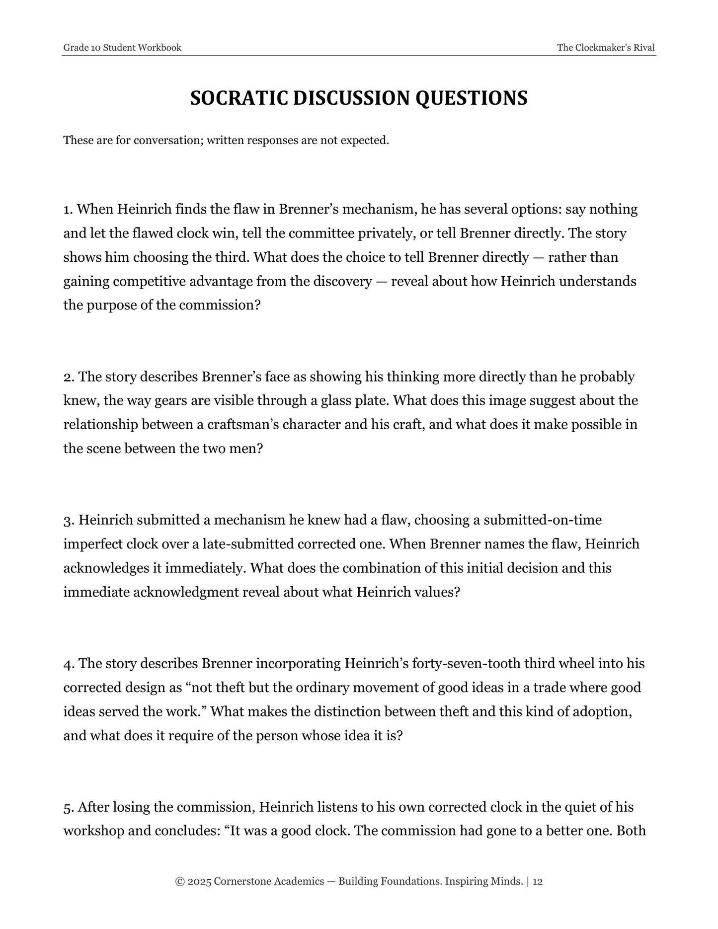 The Clockmaker's Rival | Grade 10 Classical Literature Packet | Cornerstone Academics