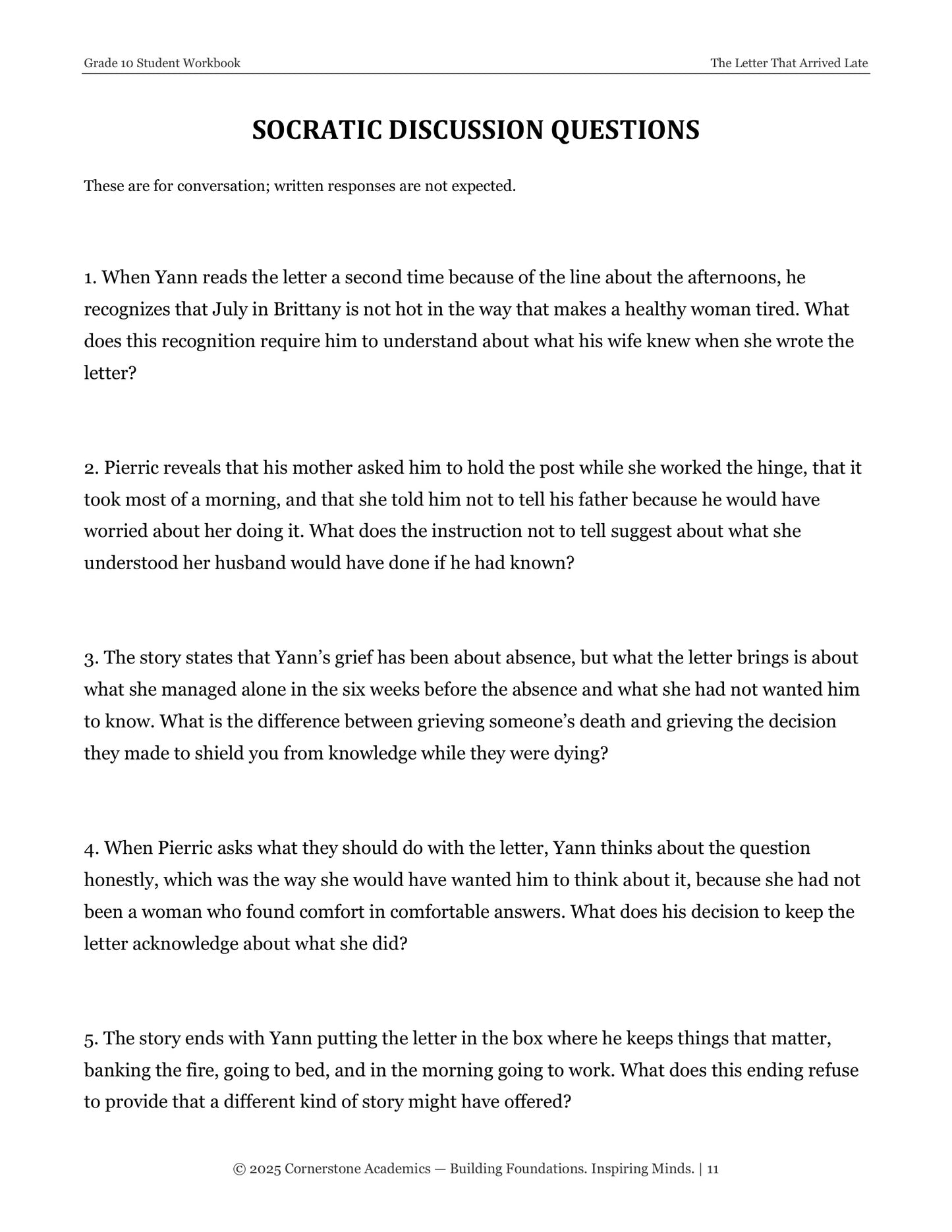 The Letter That Arrived Late | Grade 10 Classical Literature Packet | Cornerstone Academics