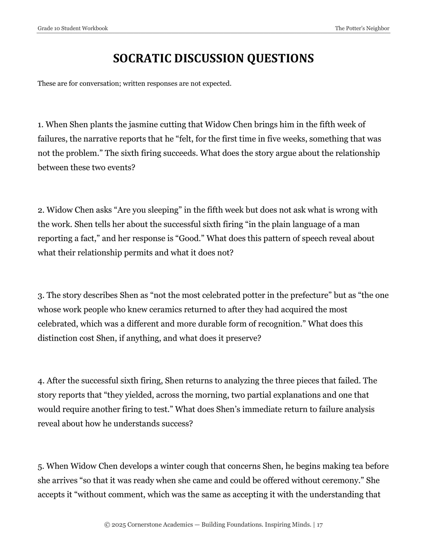 The Potter's Neighbor | Grade 10 Classical Literature Packet | Cornerstone Academics