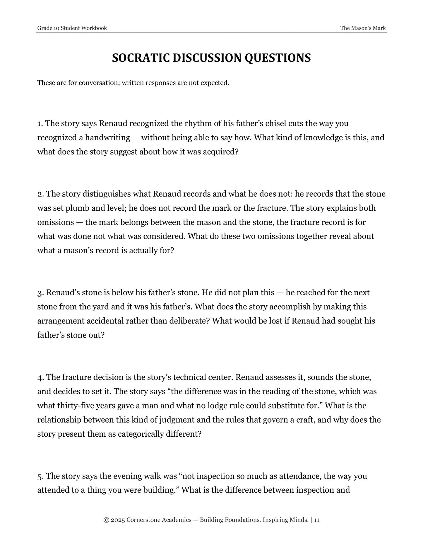 The Mason's Mark | Grade 10 Classical Literature Packet | Cornerstone Academics
