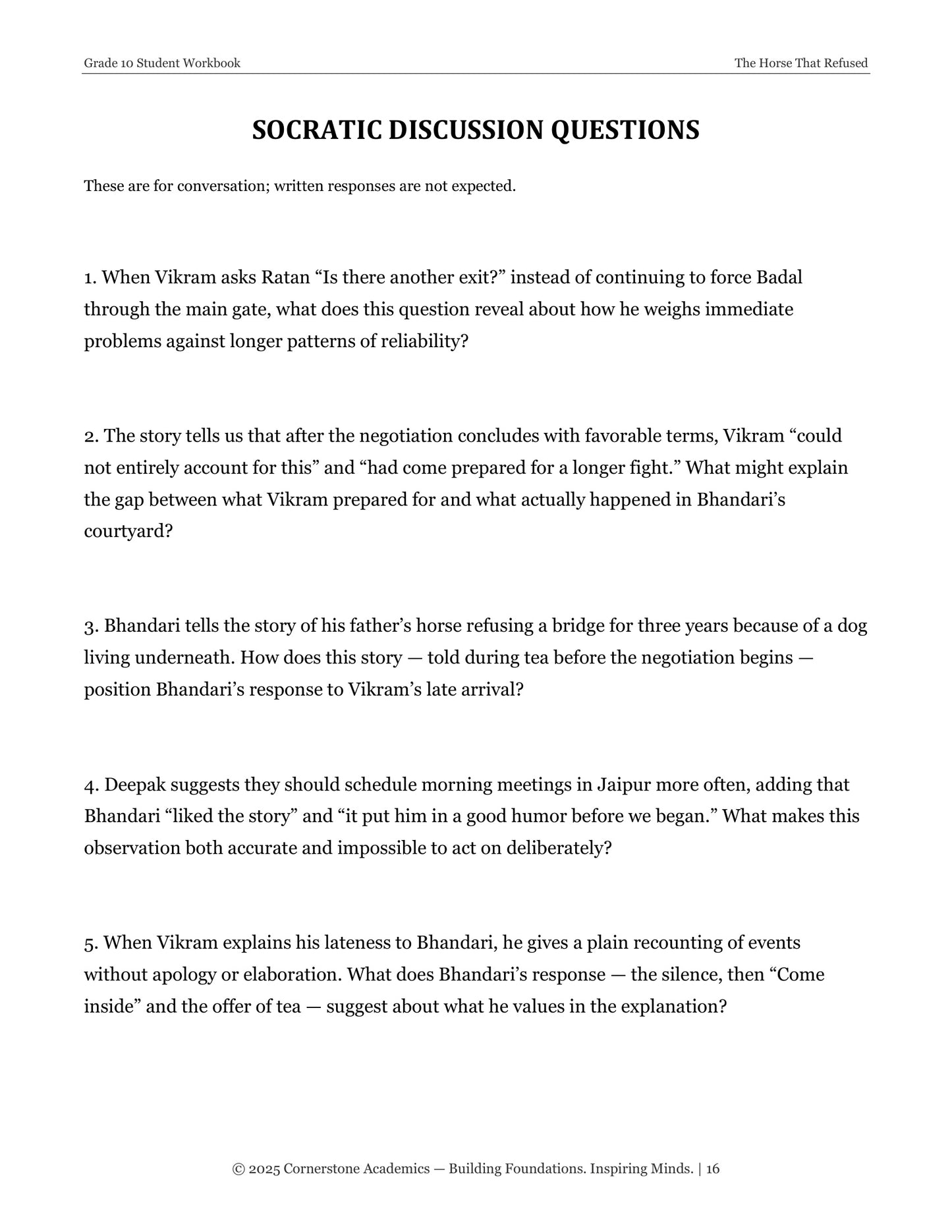 The Horse That Refused | Grade 10 Classical Literature Packet | Cornerstone Academics