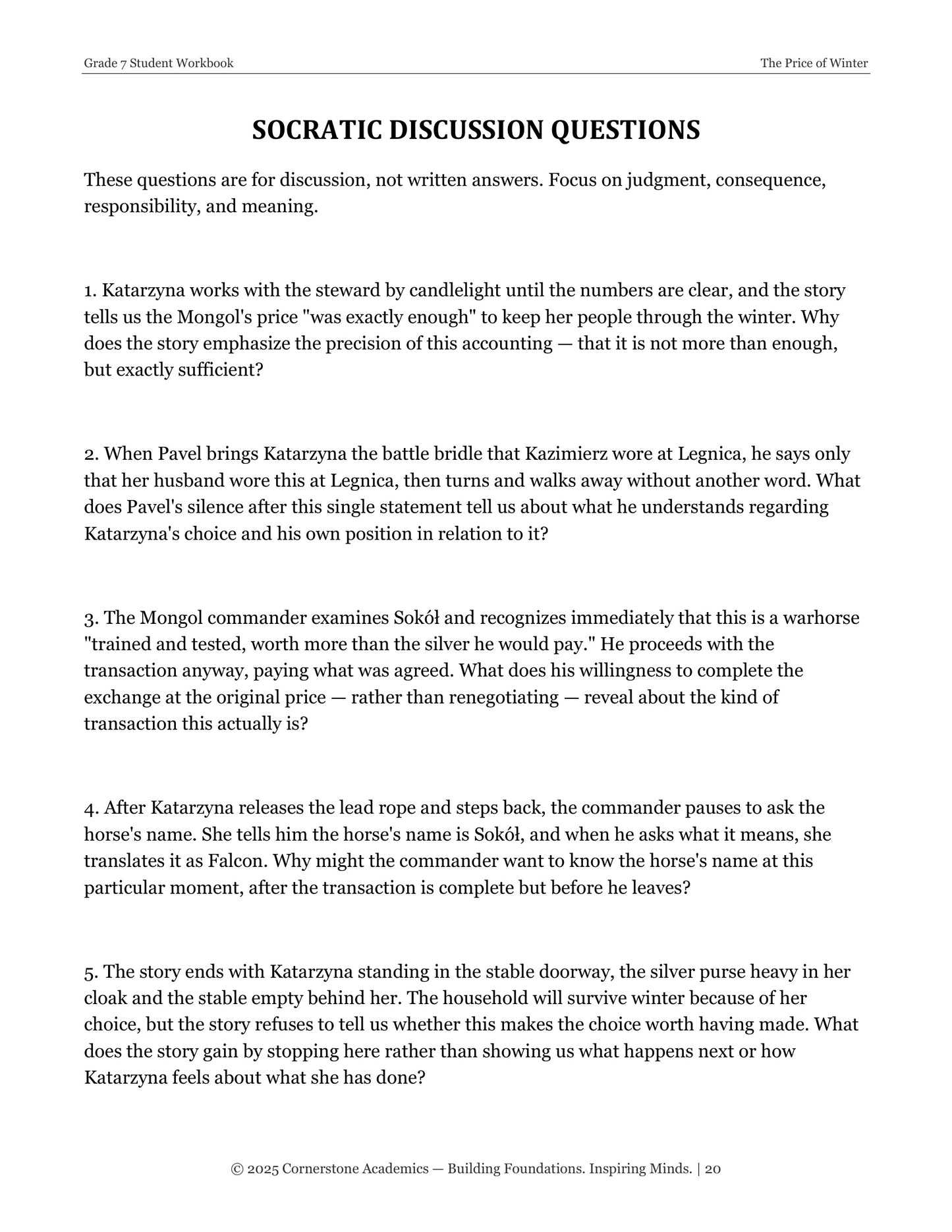 The Price of Winter | Grade 7 Classical Literature Packet | Cornerstone Academics