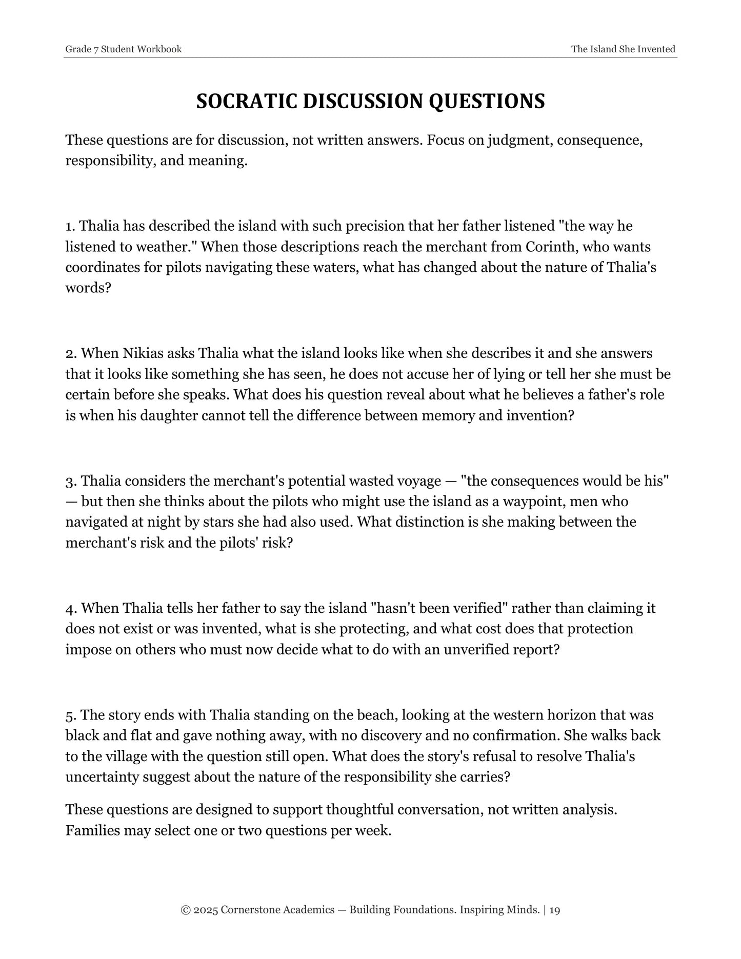 The Island She Invented | Grade 7 Classical Literature Packet | Cornerstone Academics