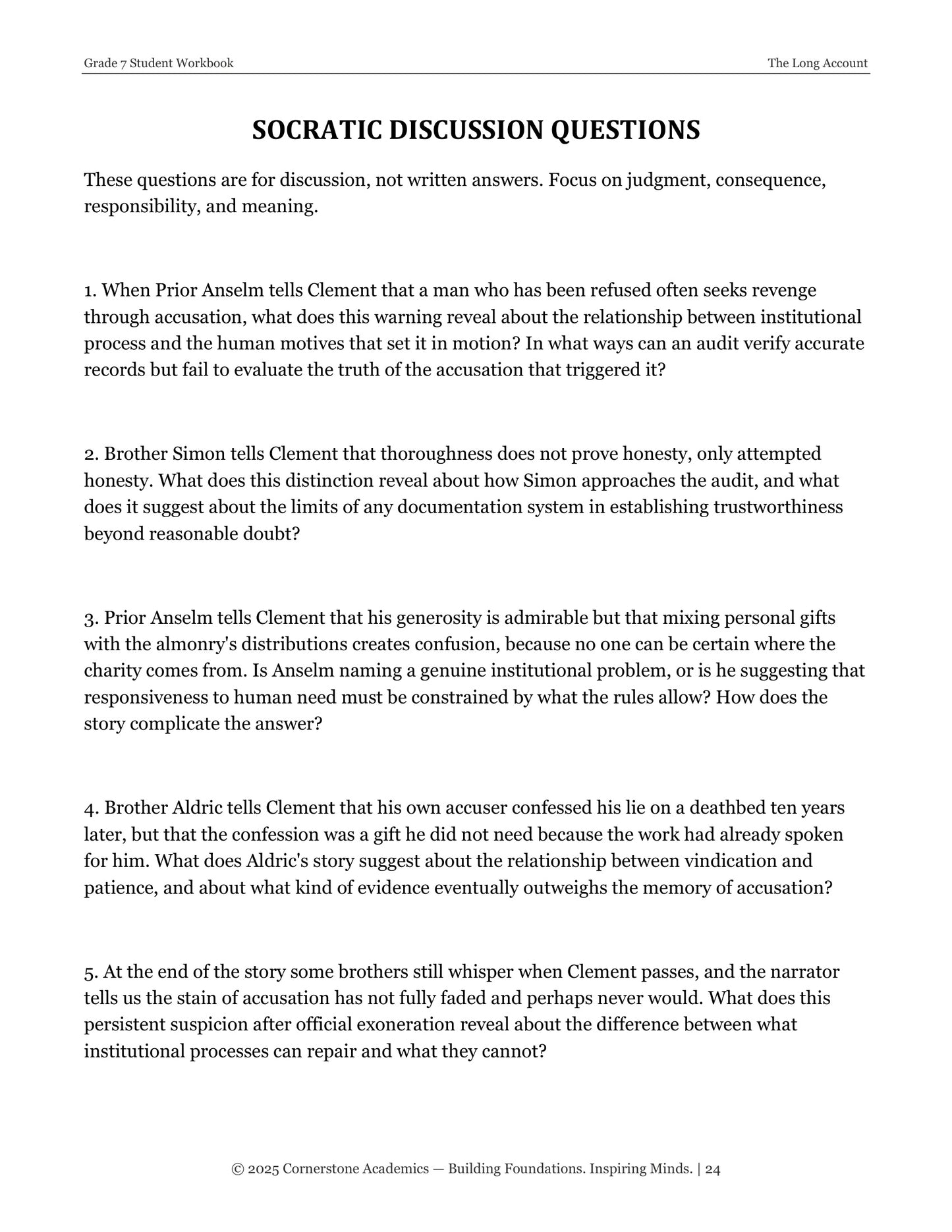 The Long Account | Grade 7 Classical Literature Packet | Cornerstone Academics