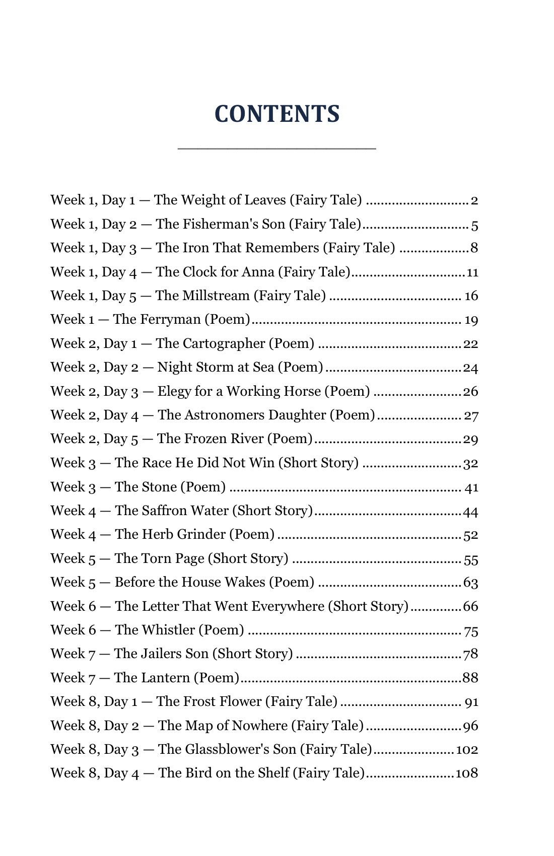 Table of contents from Grade 4 Literature Student Anthology Set, Grade 4 homeschool curriculum