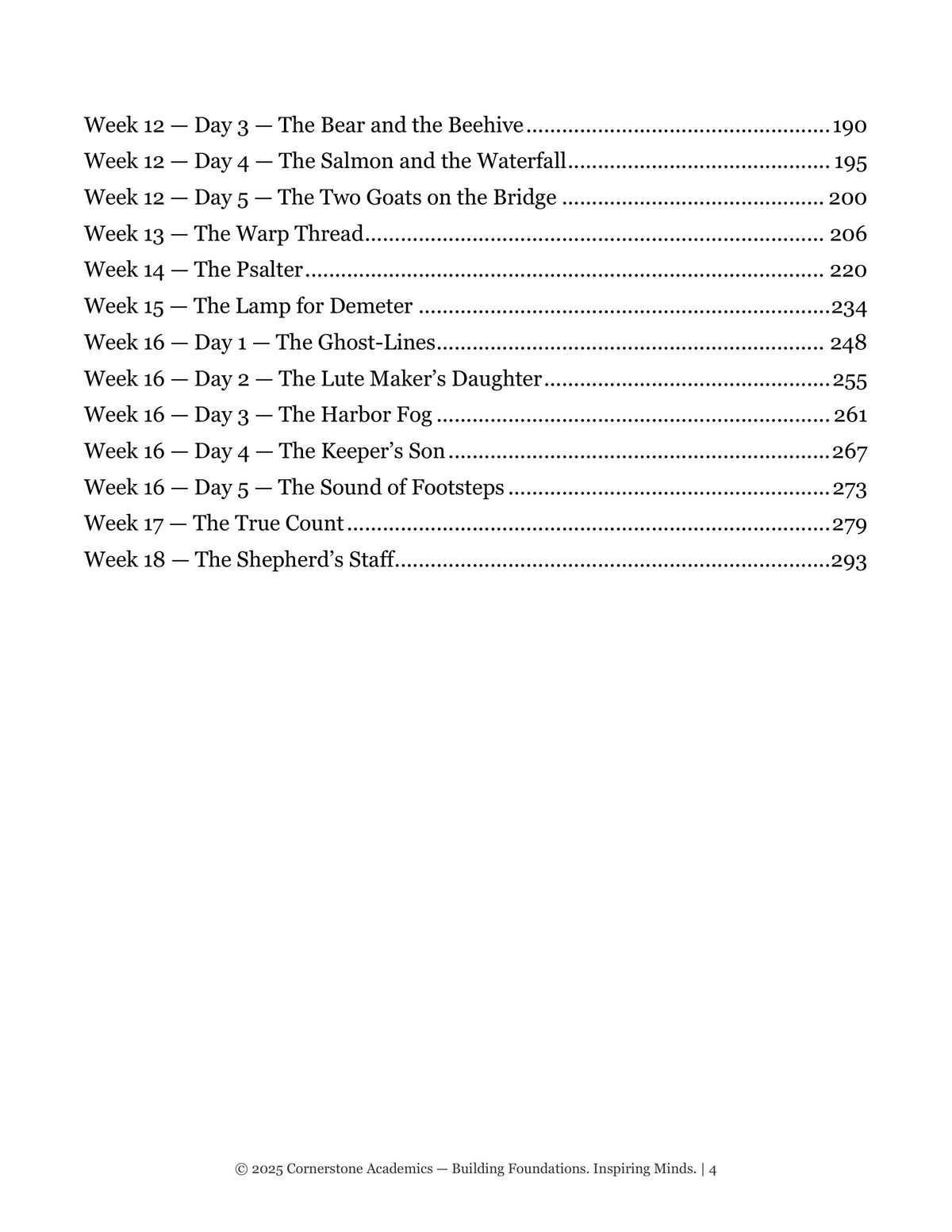 Table of contents, continued from Grade 4 Literature Student Workbook Set, Grade 4 homeschool curriculum