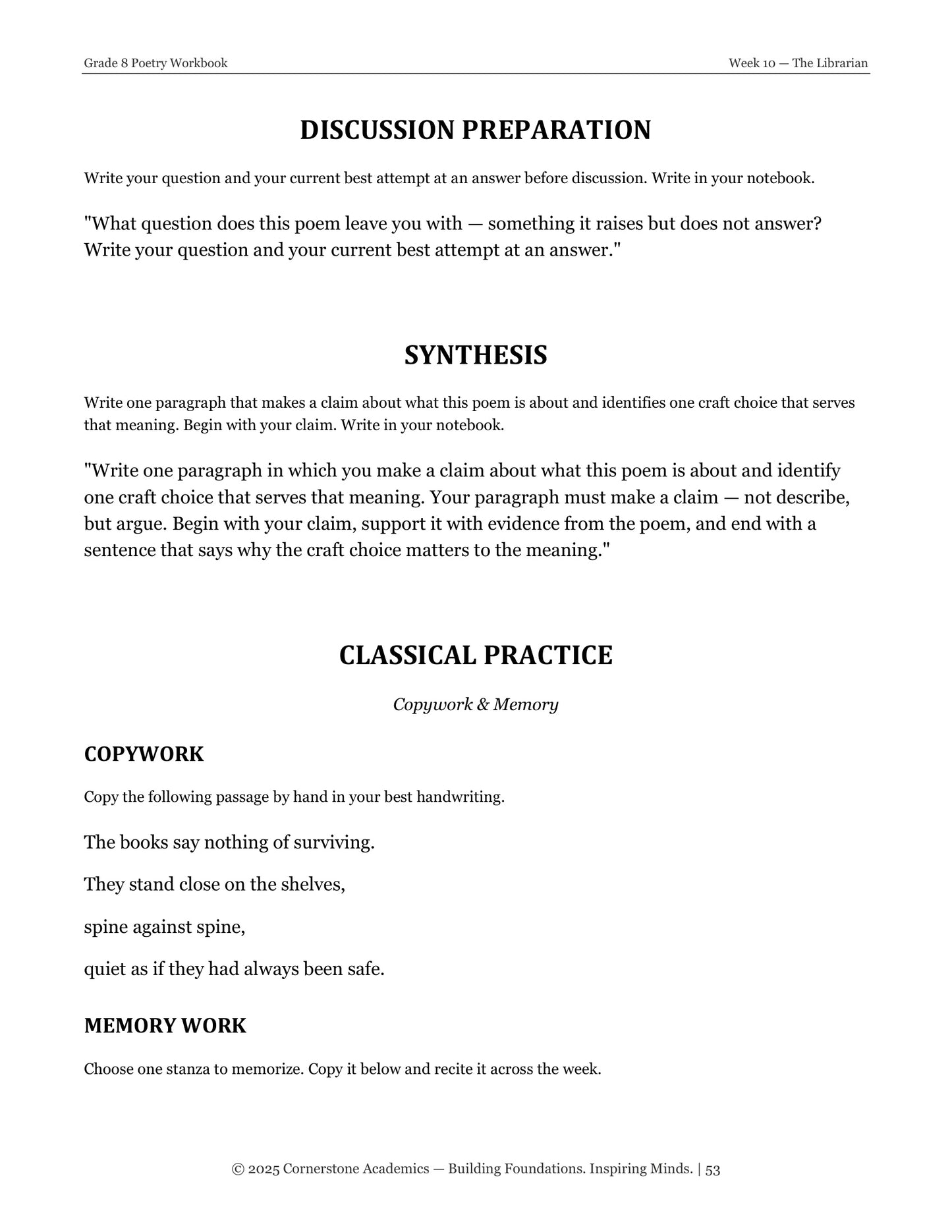 Vanguard Literature Grade 8 — Poetry Companion Student Workbook | Cornerstone Academics