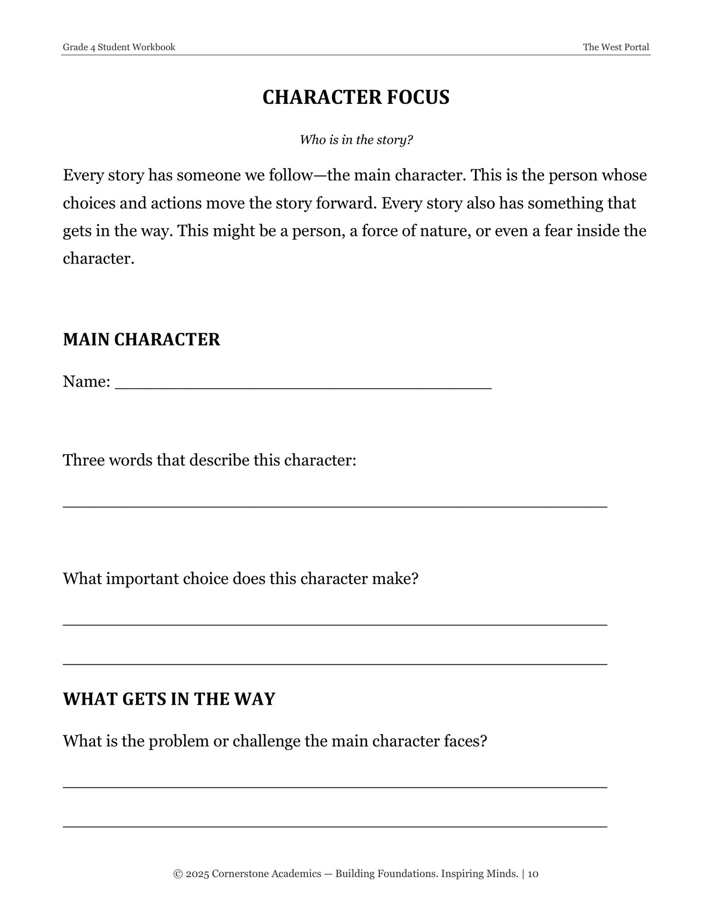 Character focus page from The West Portal, Grade 4 literature packet