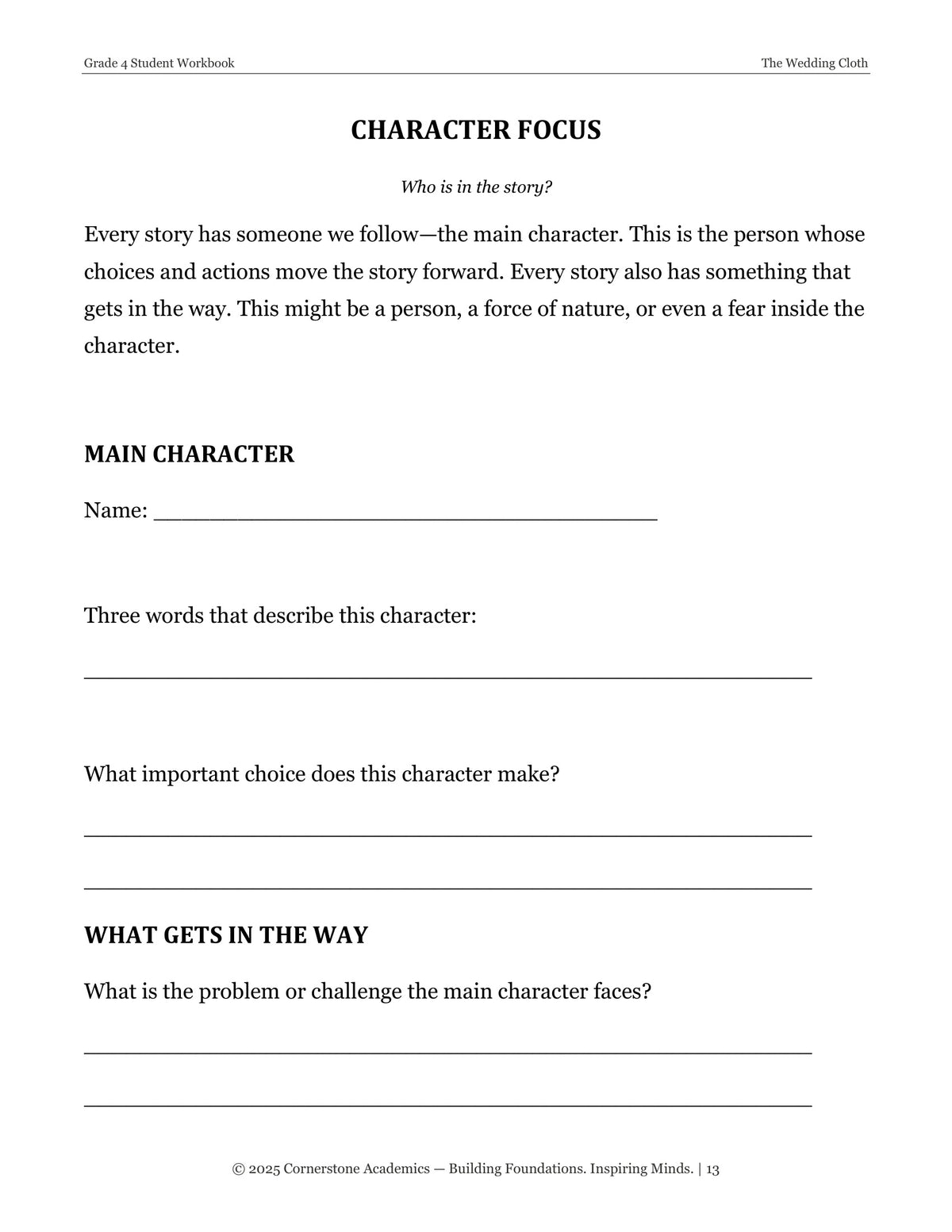 Character focus page from The Wedding Cloth, Grade 4 literature packet