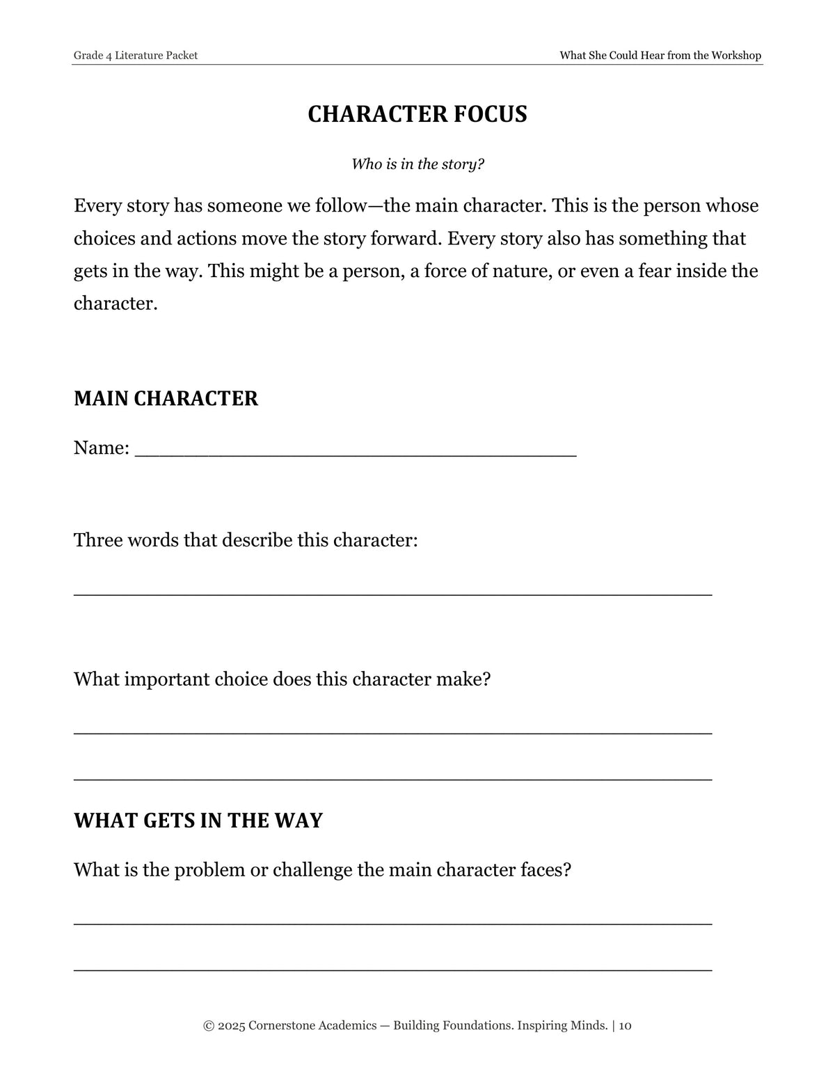 Character focus page from What She Could Hear from the Workshop, Grade 4 literature packet